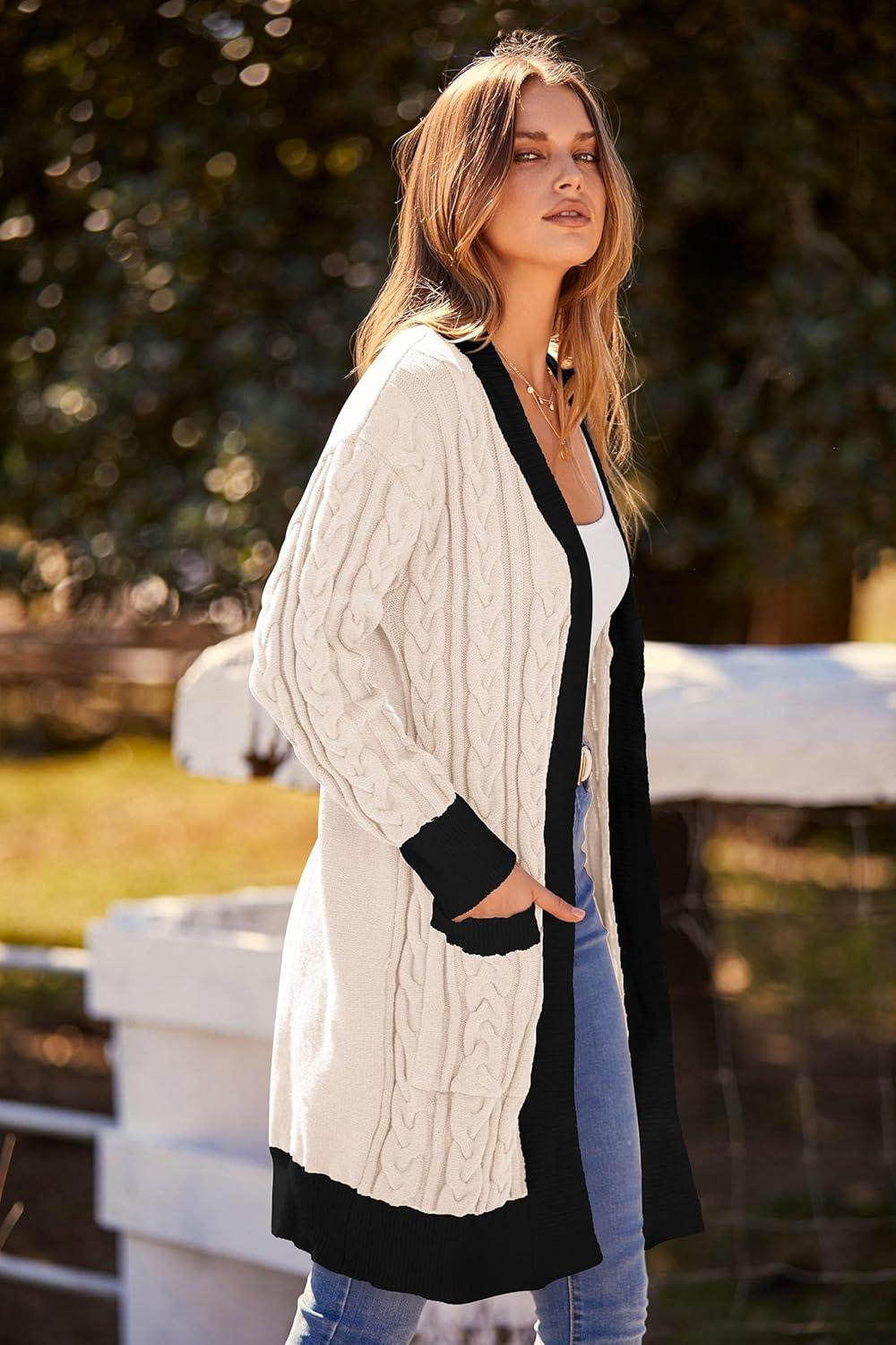 imagePRETTYGARDEN Womens 2024 Fall Cable Knit Cardigan Sweaters Casual Long Sleeve Open Front Loose Outerwear Coats BeigeMedium
