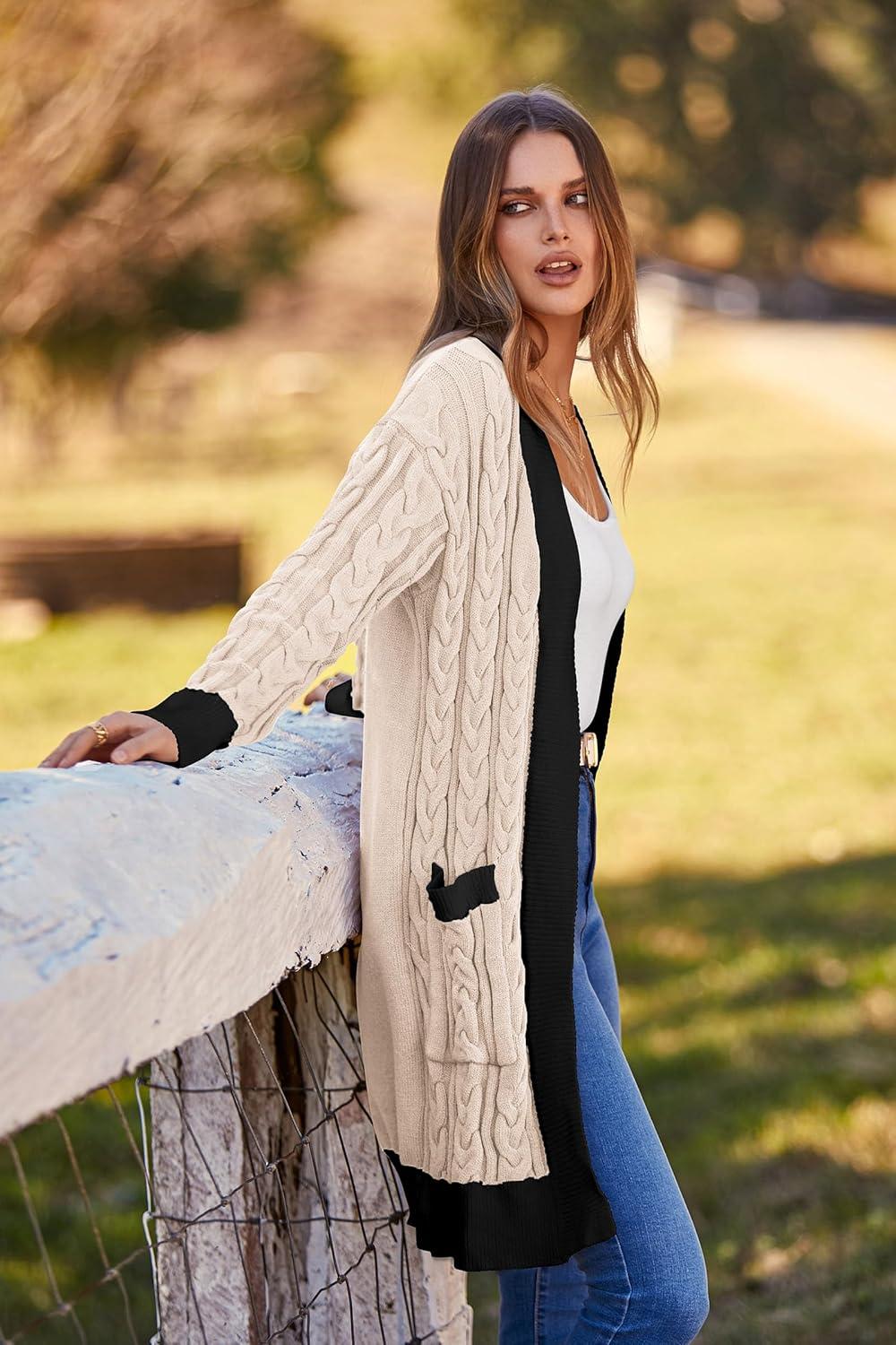 imagePRETTYGARDEN Womens 2024 Fall Cable Knit Cardigan Sweaters Casual Long Sleeve Open Front Loose Outerwear Coats BeigeMedium