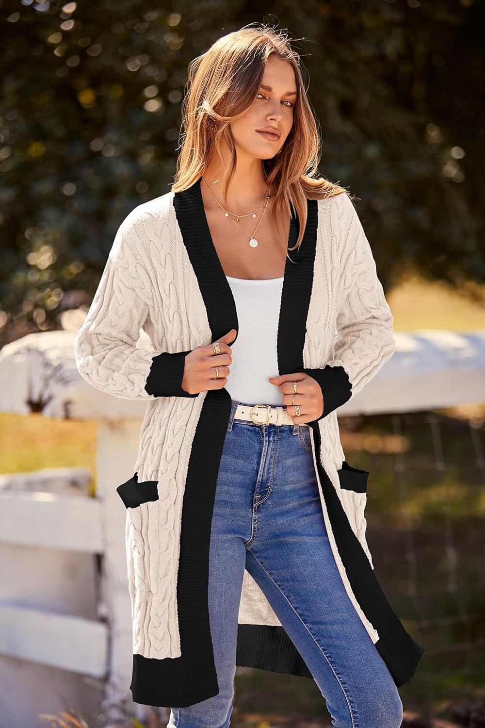 imagePRETTYGARDEN Womens 2024 Fall Cable Knit Cardigan Sweaters Casual Long Sleeve Open Front Loose Outerwear Coats BeigeMedium