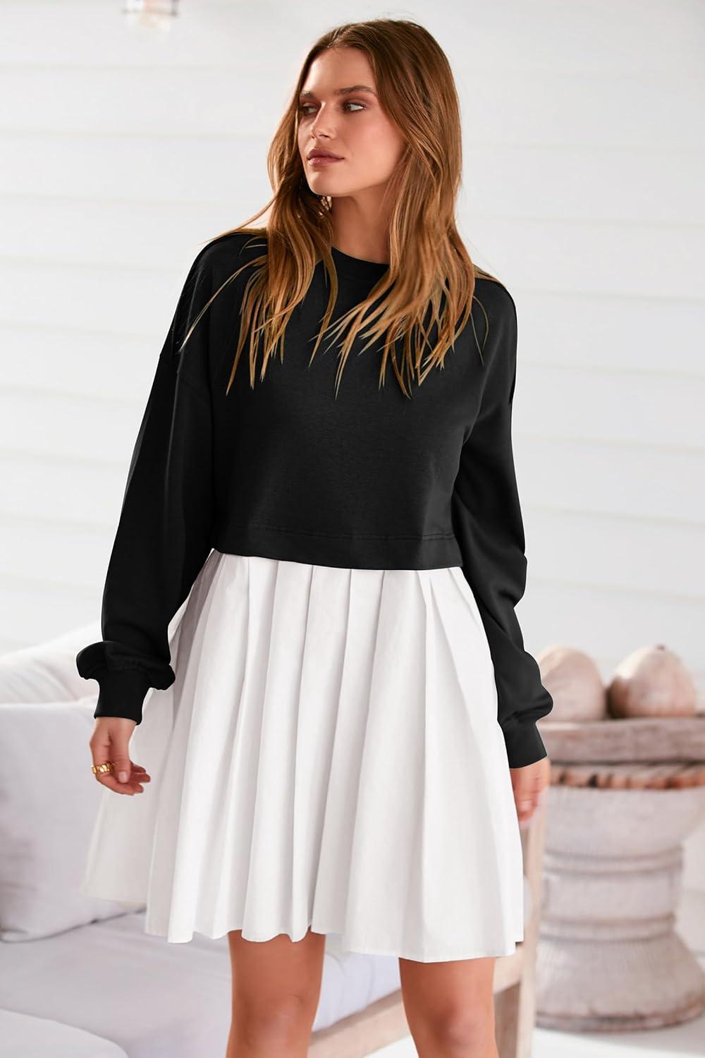 imagePRETTYGARDEN Womens 2024 Fall Oversized Sweatshirt Dress Long Sleeve Crewneck Pullover Mini Dresses Black WhiteMedium