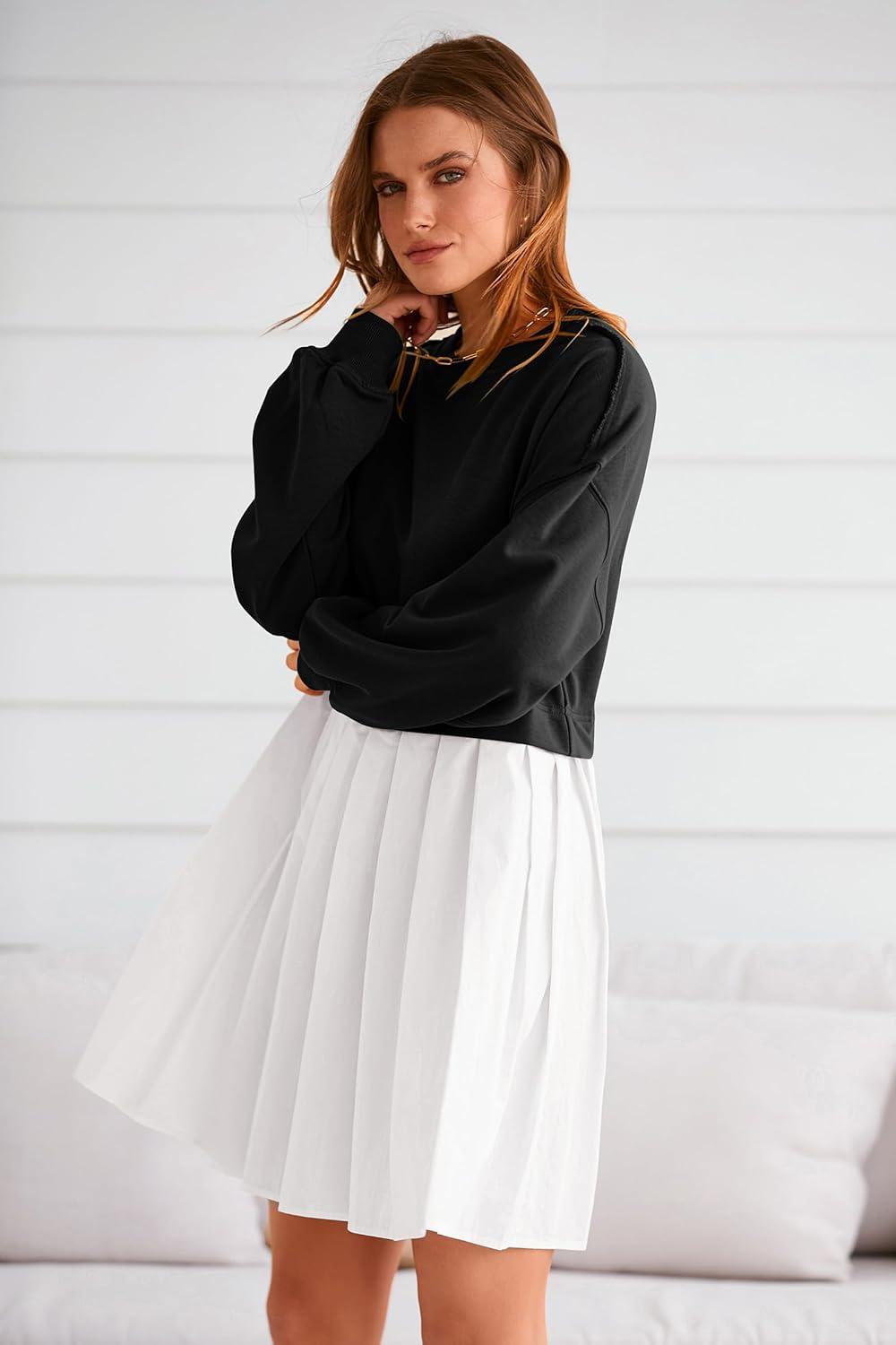 imagePRETTYGARDEN Womens 2024 Fall Oversized Sweatshirt Dress Long Sleeve Crewneck Pullover Mini Dresses Black WhiteMedium