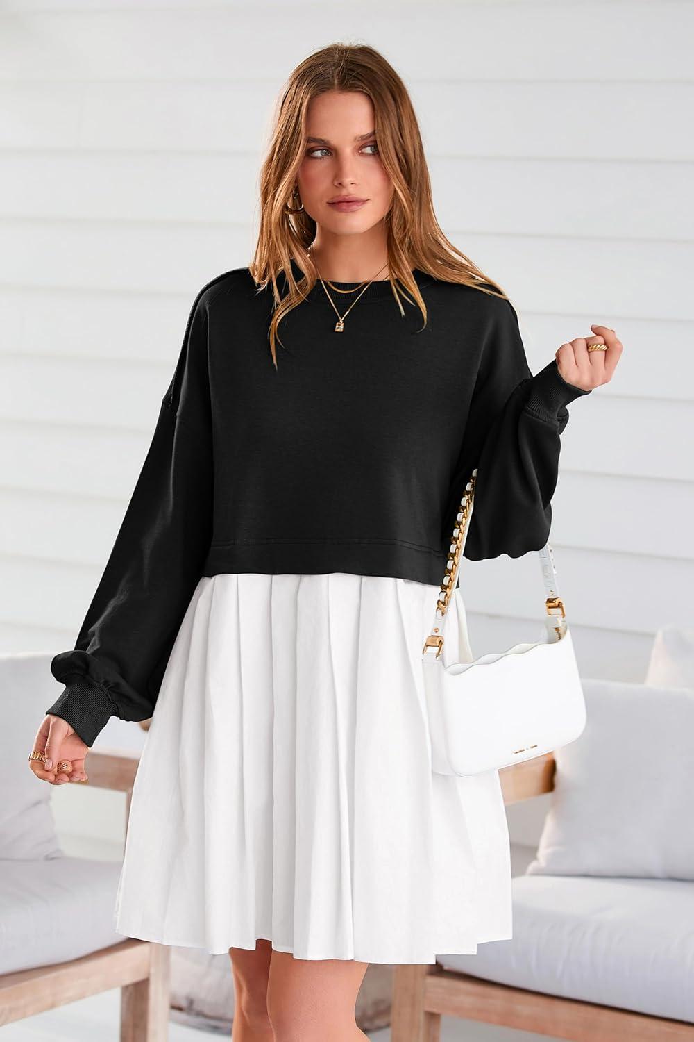 imagePRETTYGARDEN Womens 2024 Fall Oversized Sweatshirt Dress Long Sleeve Crewneck Pullover Mini Dresses Black WhiteMedium