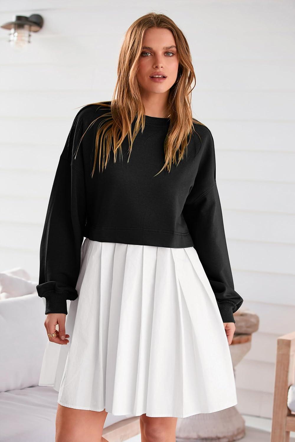 imagePRETTYGARDEN Womens 2024 Fall Oversized Sweatshirt Dress Long Sleeve Crewneck Pullover Mini Dresses Black WhiteMedium