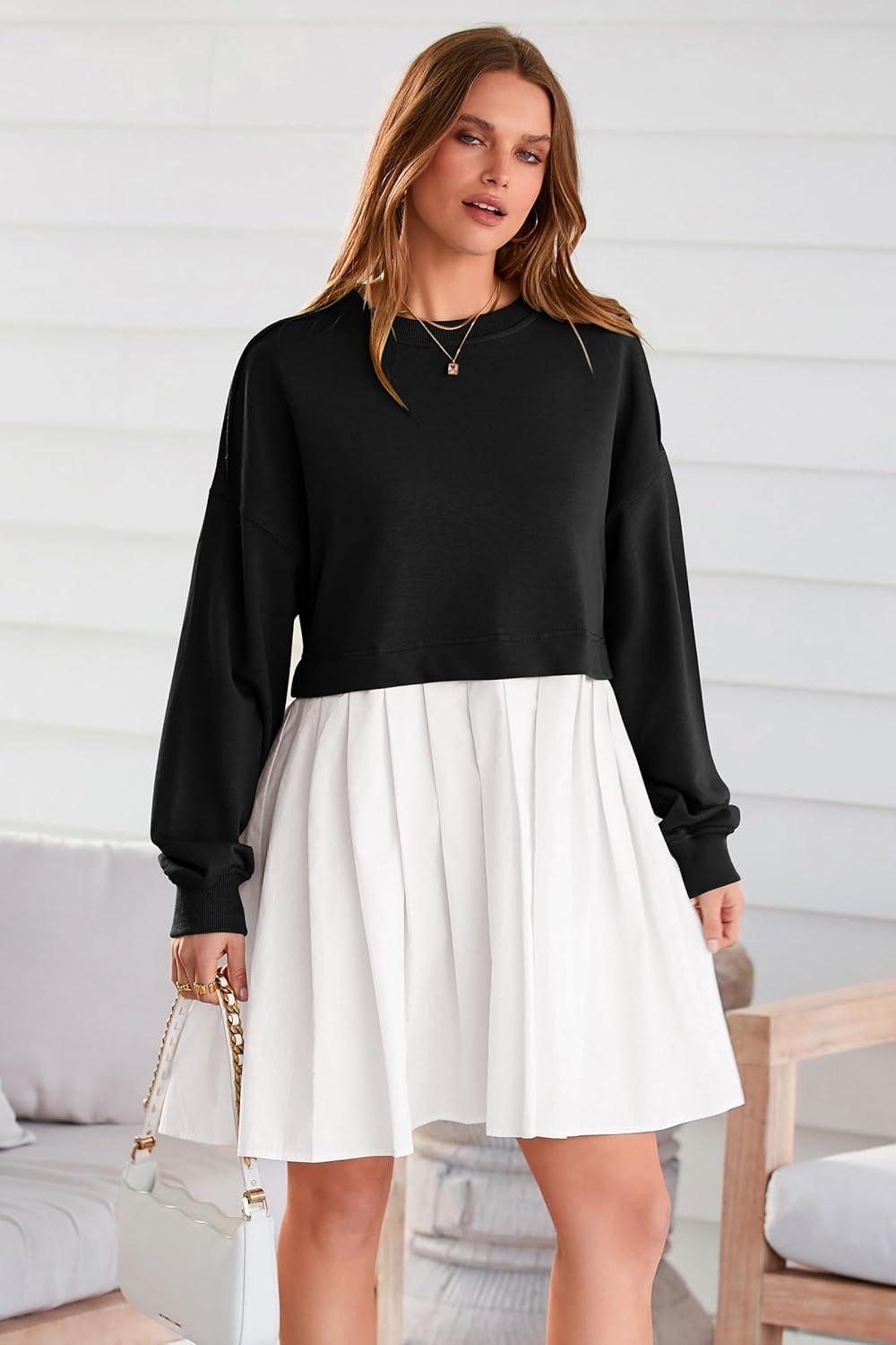 imagePRETTYGARDEN Womens 2024 Fall Oversized Sweatshirt Dress Long Sleeve Crewneck Pullover Mini Dresses Black WhiteMedium