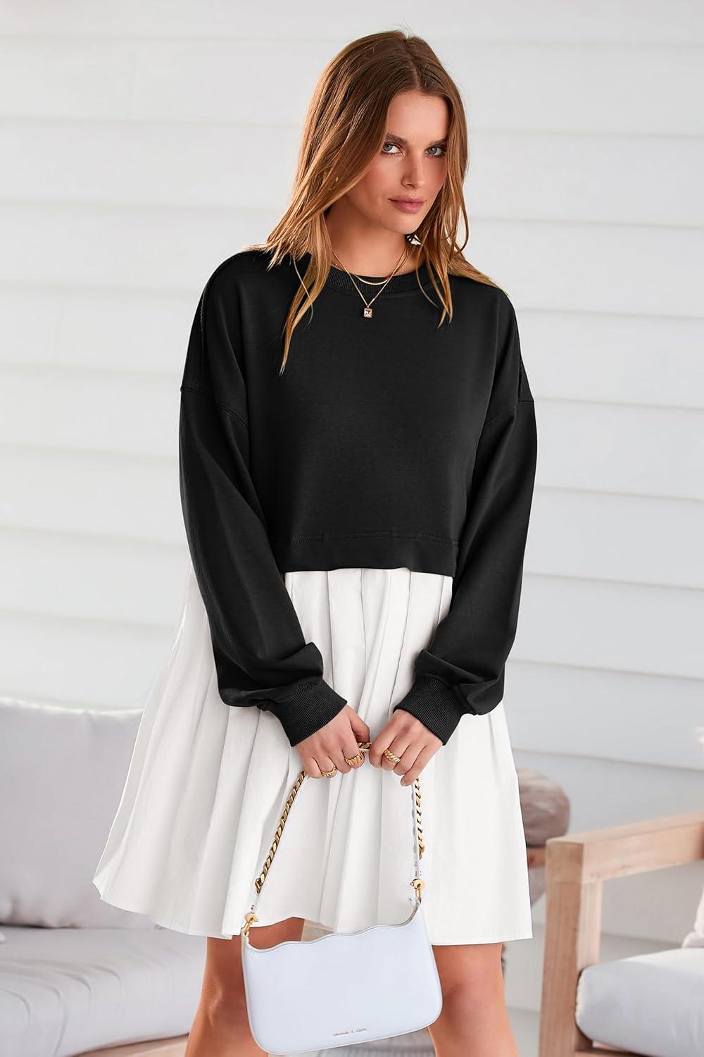 imagePRETTYGARDEN Womens 2024 Fall Oversized Sweatshirt Dress Long Sleeve Crewneck Pullover Mini Dresses Black WhiteMedium