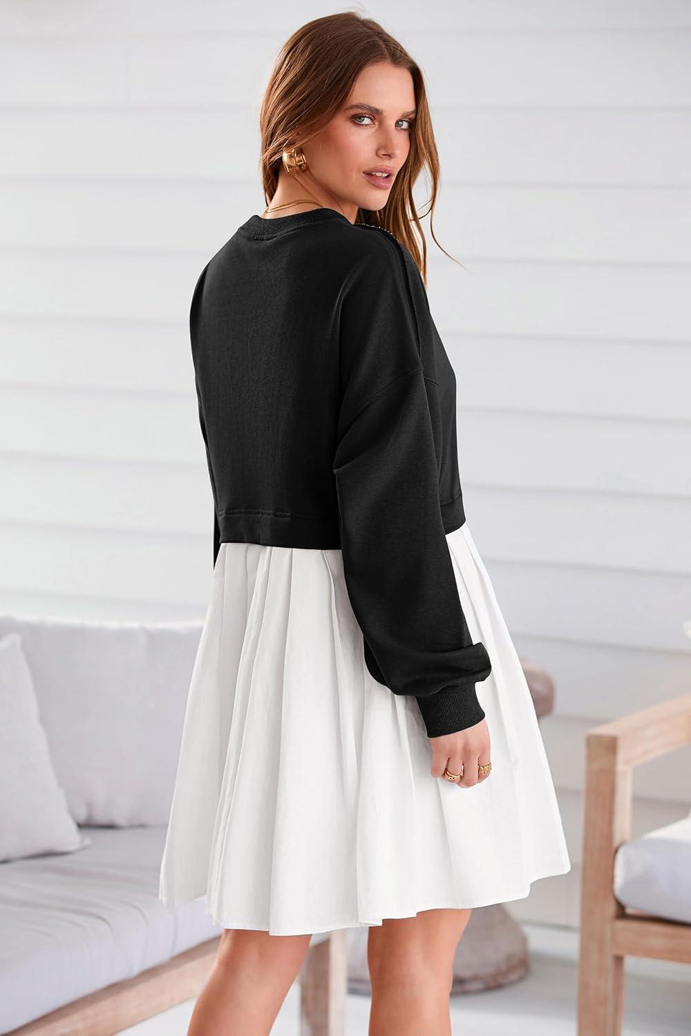 imagePRETTYGARDEN Womens 2024 Fall Oversized Sweatshirt Dress Long Sleeve Crewneck Pullover Mini Dresses Black WhiteMedium