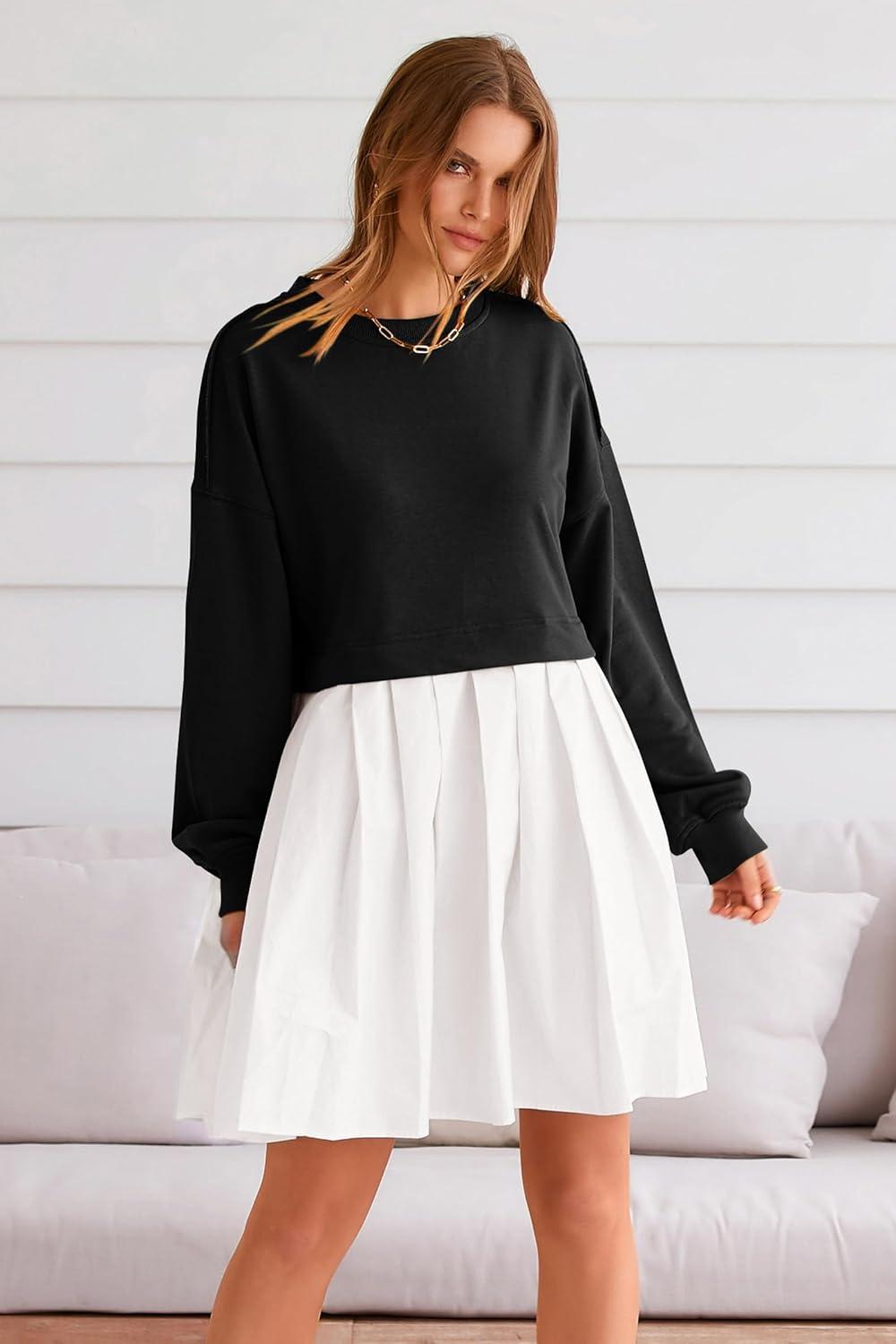 imagePRETTYGARDEN Womens 2024 Fall Oversized Sweatshirt Dress Long Sleeve Crewneck Pullover Mini Dresses Black WhiteMedium