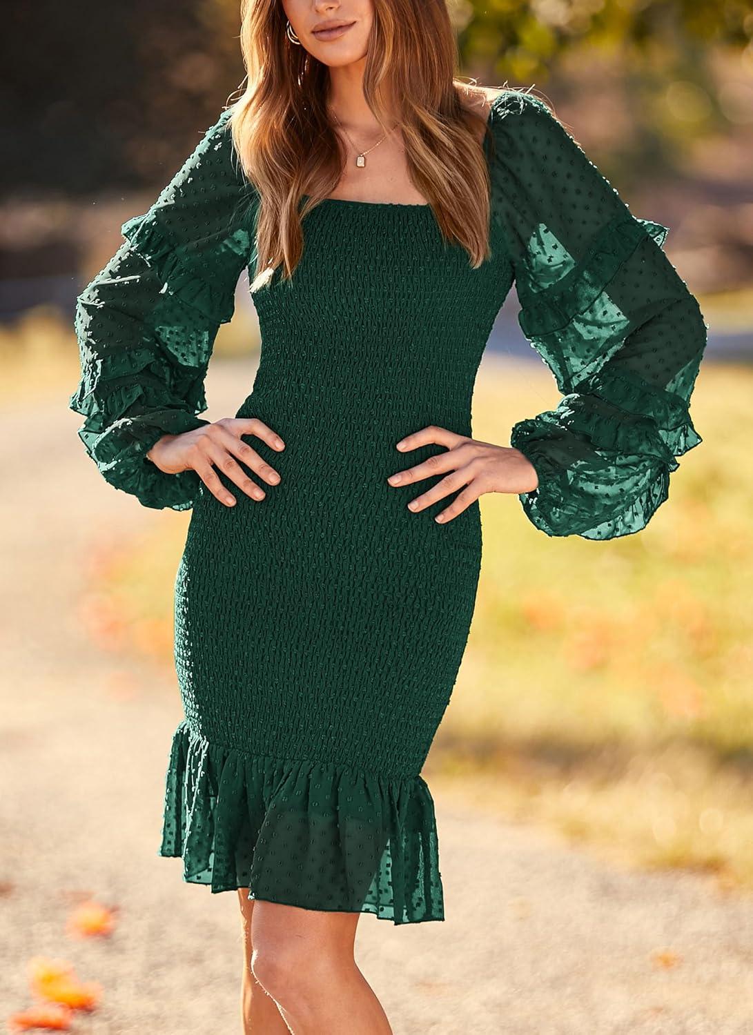 imagePRETTYGARDEN Womens 2024 Fall Smocked Bodycon Mini Dress Long Sleeve Square Neck Swiss Dot Ruffle Mermaid Elegant Dresses