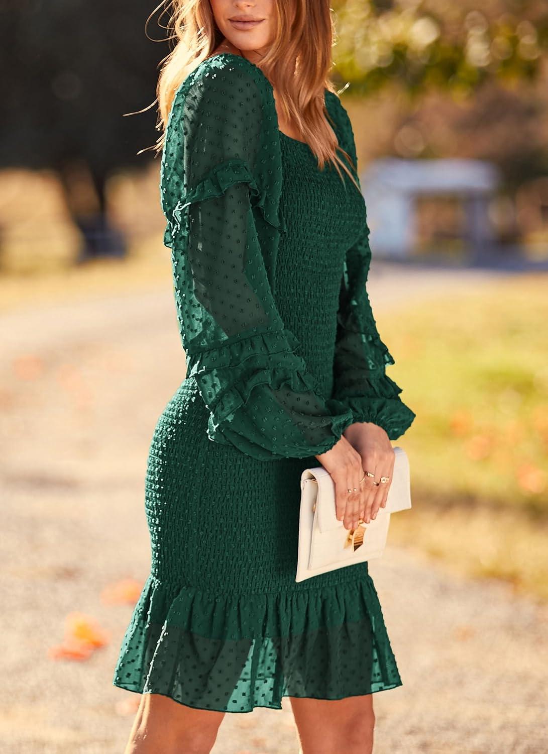 imagePRETTYGARDEN Womens 2024 Fall Smocked Bodycon Mini Dress Long Sleeve Square Neck Swiss Dot Ruffle Mermaid Elegant Dresses