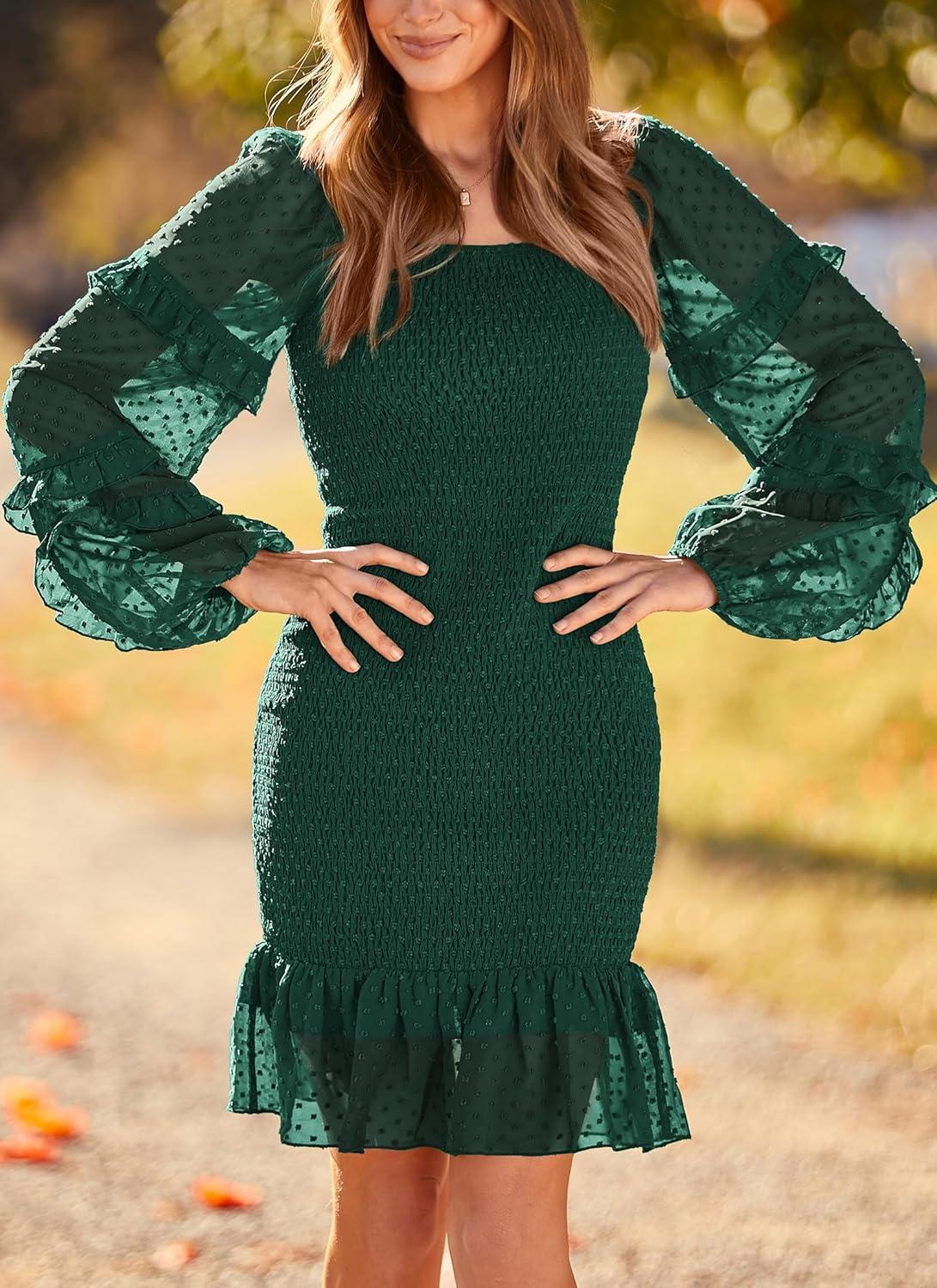 imagePRETTYGARDEN Womens 2024 Fall Smocked Bodycon Mini Dress Long Sleeve Square Neck Swiss Dot Ruffle Mermaid Elegant Dresses