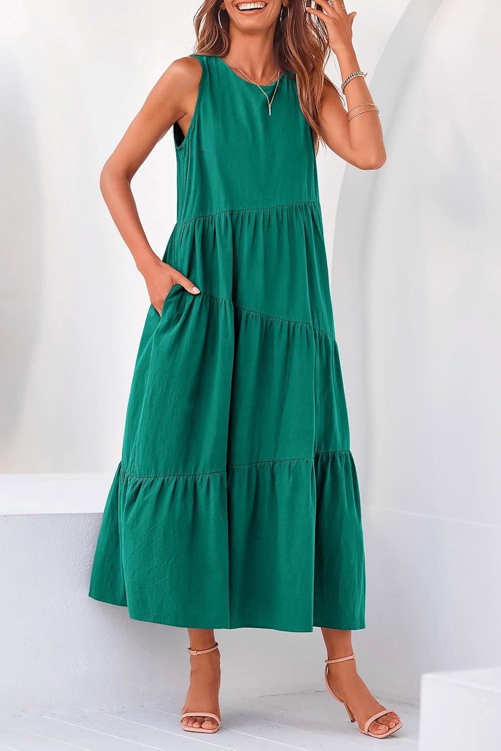 imagePRETTYGARDEN Womens 2024 Summer Casual Midi Dress Sleeveless Long Flowy Tiered Cute Vacation Beach Sundresses with Pockets Brilliant GreenMedium