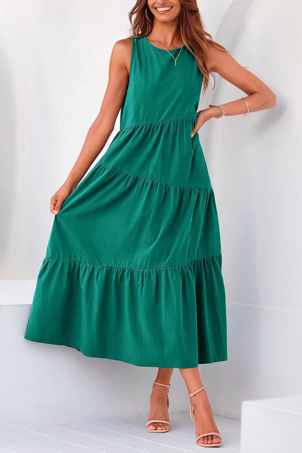 imagePRETTYGARDEN Womens 2024 Summer Casual Midi Dress Sleeveless Long Flowy Tiered Cute Vacation Beach Sundresses with Pockets Brilliant GreenMedium