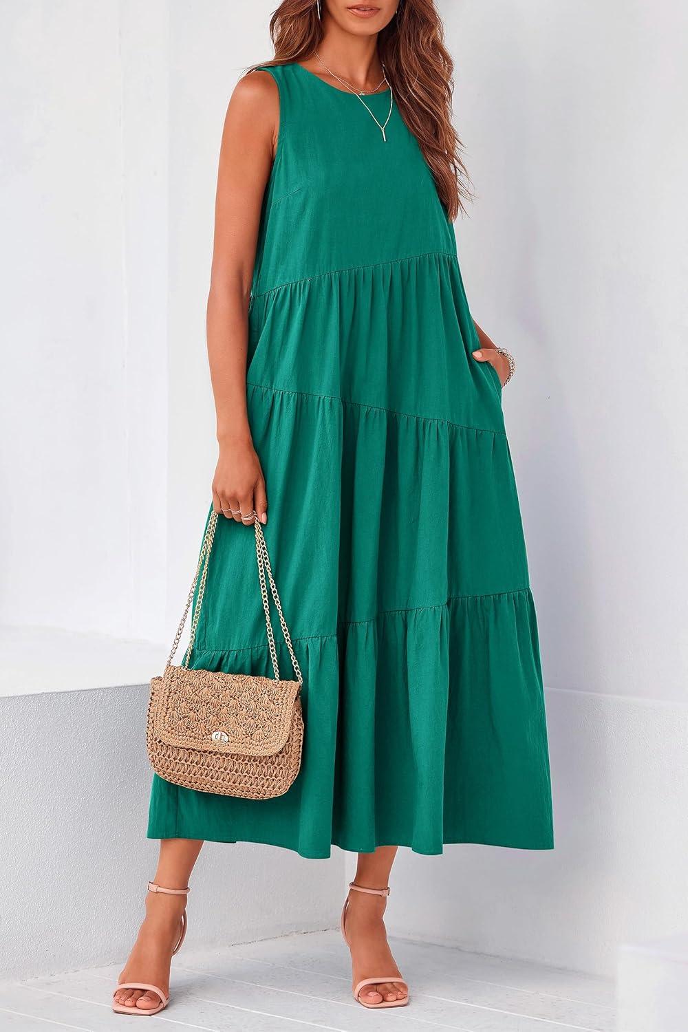 imagePRETTYGARDEN Womens 2024 Summer Casual Midi Dress Sleeveless Long Flowy Tiered Cute Vacation Beach Sundresses with Pockets Brilliant GreenMedium