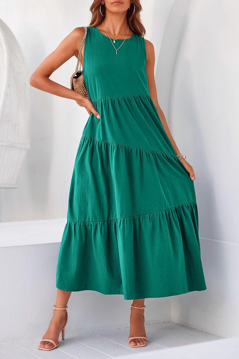 imagePRETTYGARDEN Womens 2024 Summer Casual Midi Dress Sleeveless Long Flowy Tiered Cute Vacation Beach Sundresses with Pockets Brilliant GreenMedium