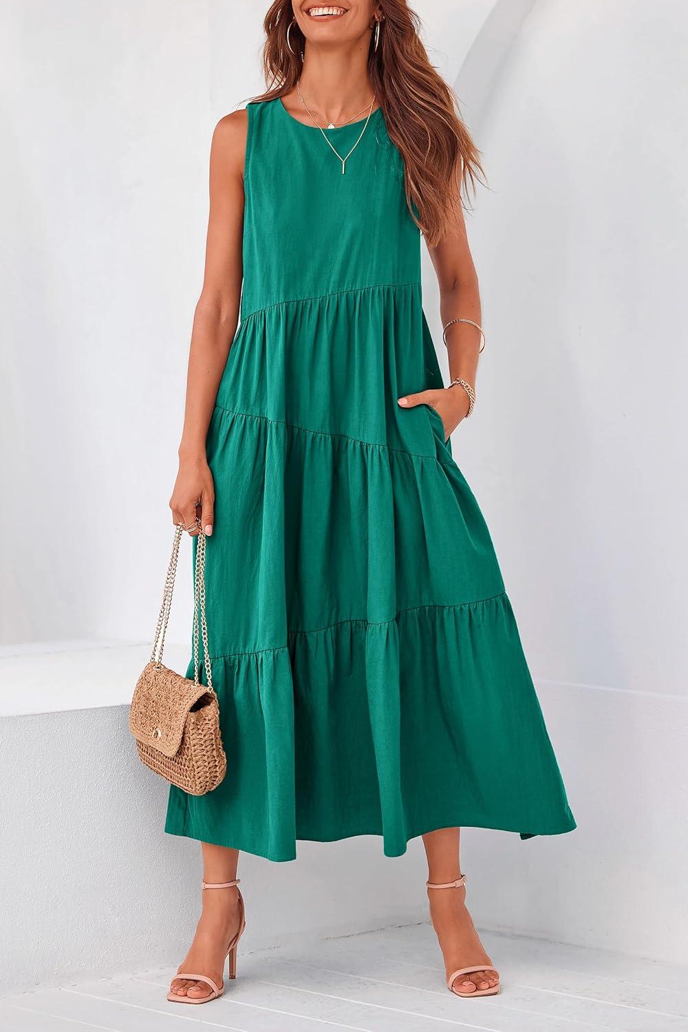 imagePRETTYGARDEN Womens 2024 Summer Casual Midi Dress Sleeveless Long Flowy Tiered Cute Vacation Beach Sundresses with Pockets Brilliant GreenMedium