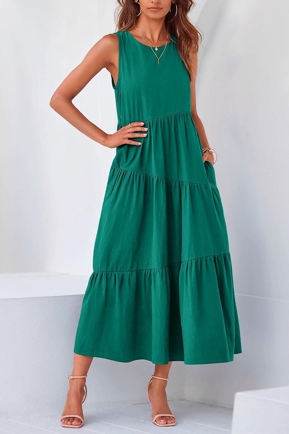 imagePRETTYGARDEN Womens 2024 Summer Casual Midi Dress Sleeveless Long Flowy Tiered Cute Vacation Beach Sundresses with Pockets Brilliant GreenMedium