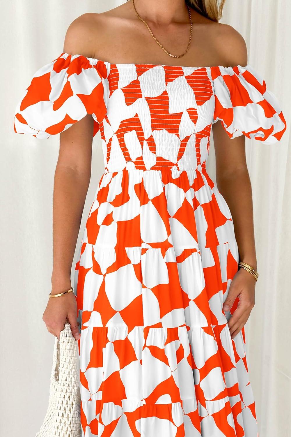 imagePRETTYGARDEN Womens 2025 Summer Boho Midi Dress Off Shoulder Puff Sleeve Print Smocked Ruffle Beach Long Flowy Dresses OrangeSmall