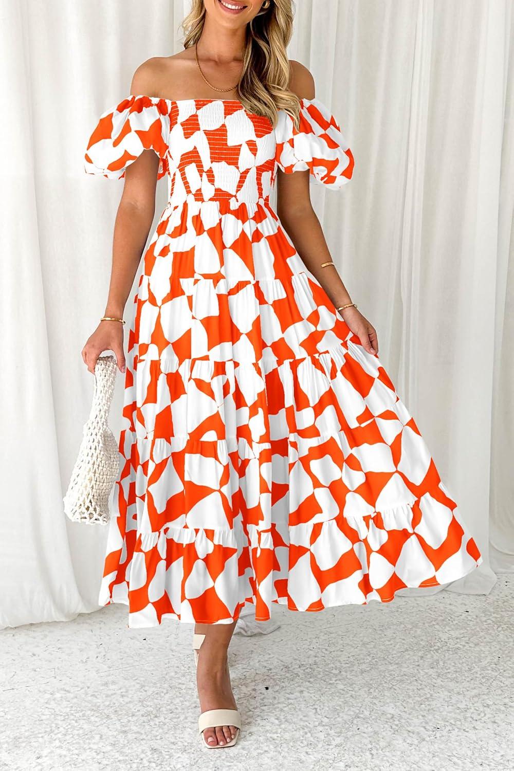 imagePRETTYGARDEN Womens 2025 Summer Boho Midi Dress Off Shoulder Puff Sleeve Print Smocked Ruffle Beach Long Flowy Dresses OrangeSmall