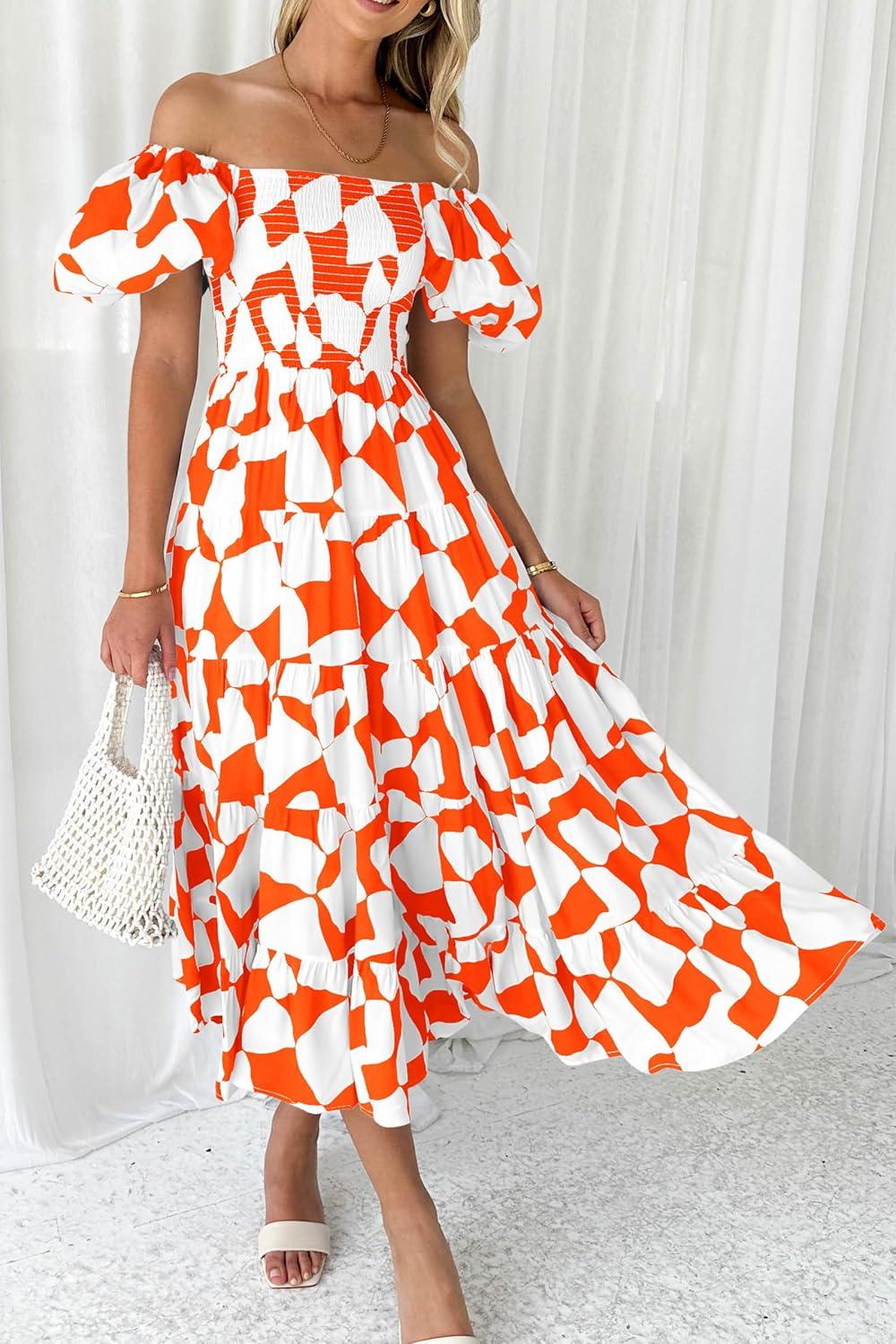 imagePRETTYGARDEN Womens 2025 Summer Boho Midi Dress Off Shoulder Puff Sleeve Print Smocked Ruffle Beach Long Flowy Dresses OrangeSmall