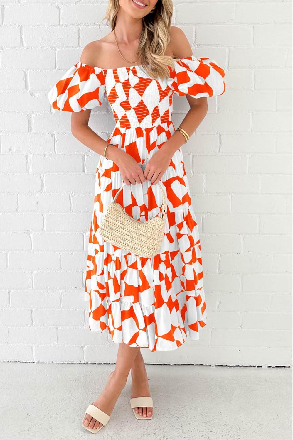 imagePRETTYGARDEN Womens 2025 Summer Boho Midi Dress Off Shoulder Puff Sleeve Print Smocked Ruffle Beach Long Flowy Dresses OrangeSmall