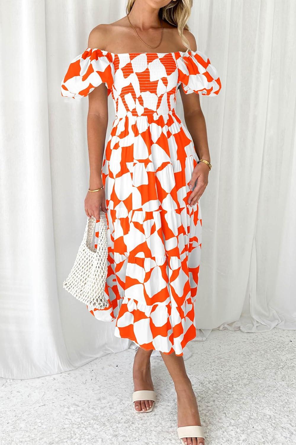 imagePRETTYGARDEN Womens 2025 Summer Boho Midi Dress Off Shoulder Puff Sleeve Print Smocked Ruffle Beach Long Flowy Dresses OrangeSmall