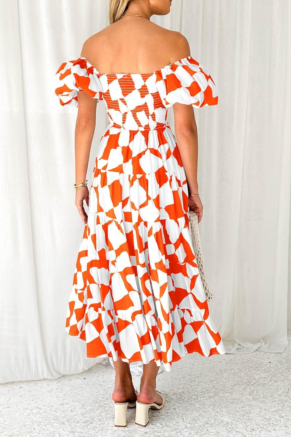 imagePRETTYGARDEN Womens 2025 Summer Boho Midi Dress Off Shoulder Puff Sleeve Print Smocked Ruffle Beach Long Flowy Dresses OrangeSmall