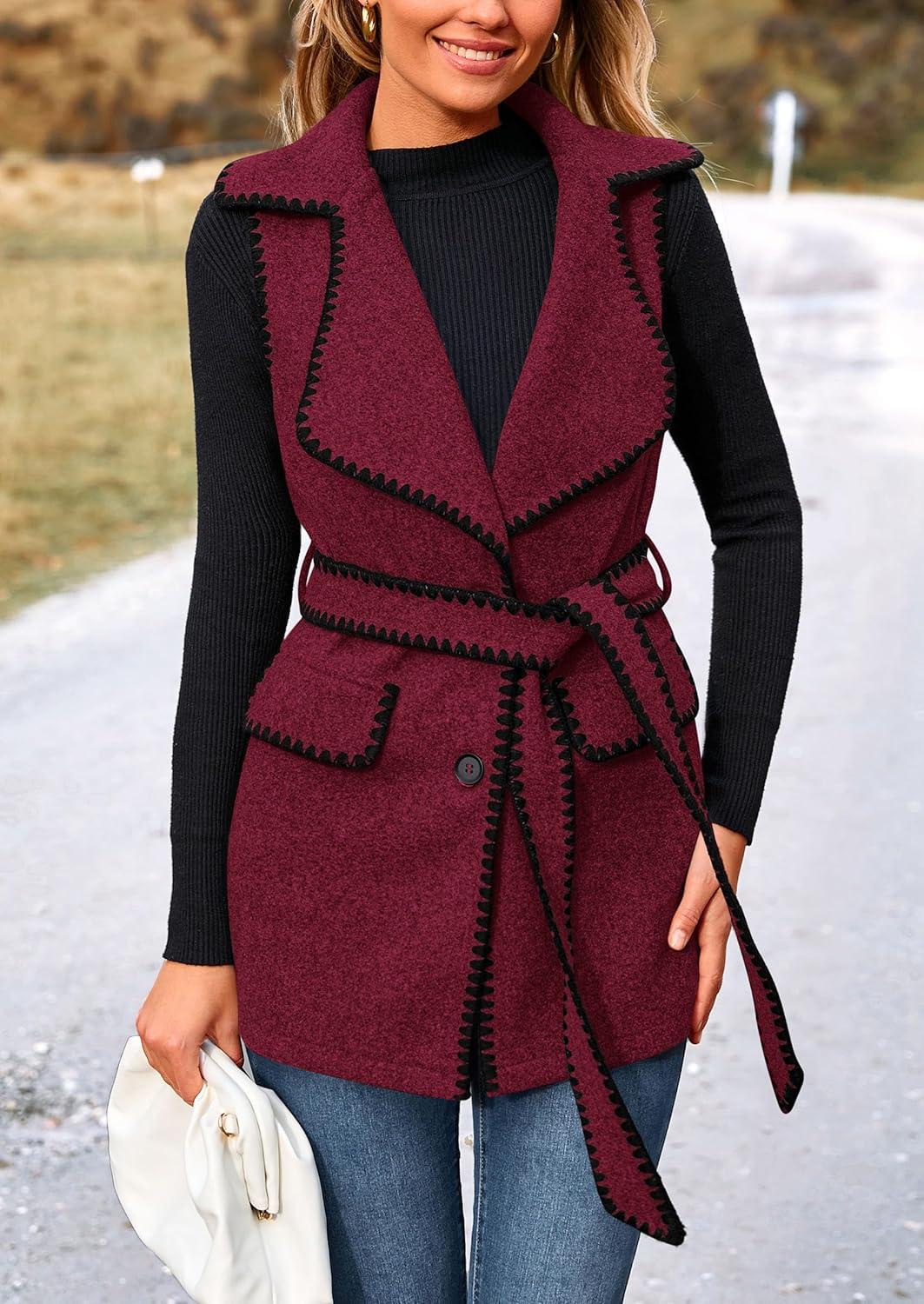 imagePRETTYGARDEN Womens 2025 Tweed Vest Jackets Sleeveless Lapel Button Front Belt Color Block Winter Cardigan Outerwear