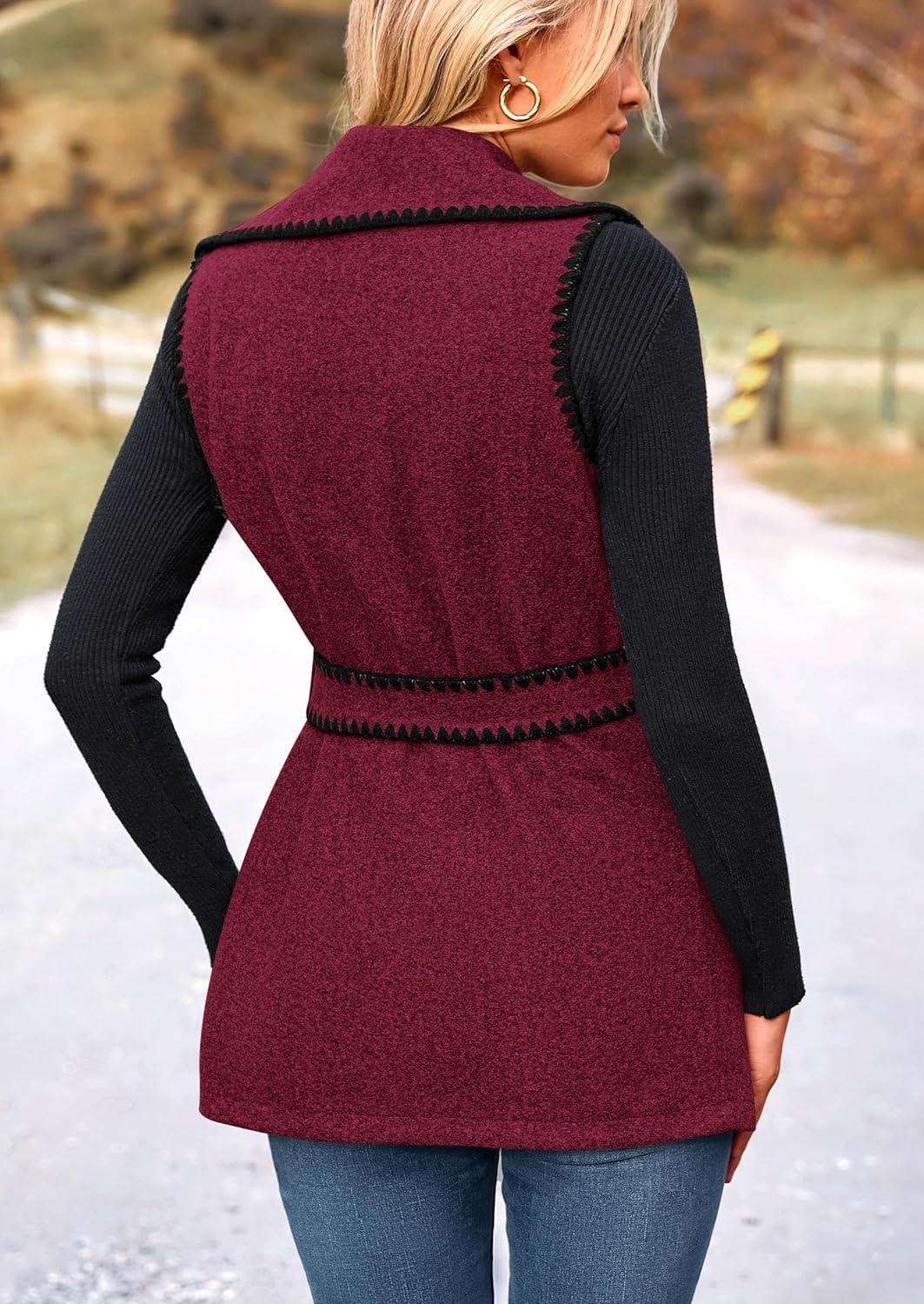 imagePRETTYGARDEN Womens 2025 Tweed Vest Jackets Sleeveless Lapel Button Front Belt Color Block Winter Cardigan Outerwear