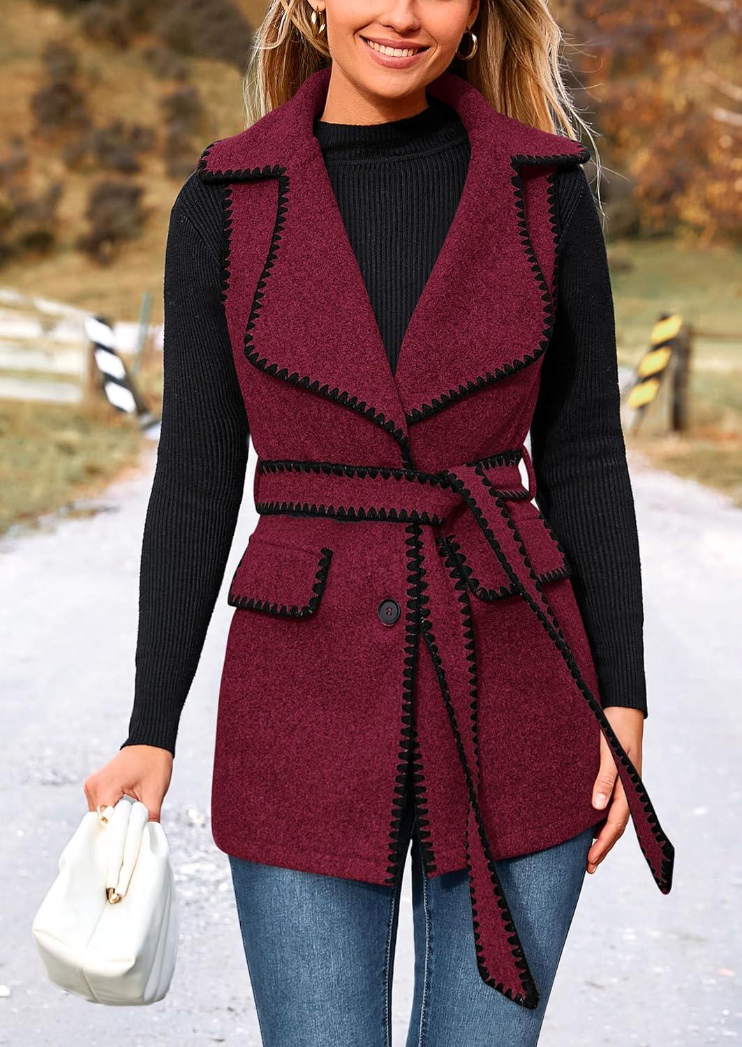 imagePRETTYGARDEN Womens 2025 Tweed Vest Jackets Sleeveless Lapel Button Front Belt Color Block Winter Cardigan Outerwear