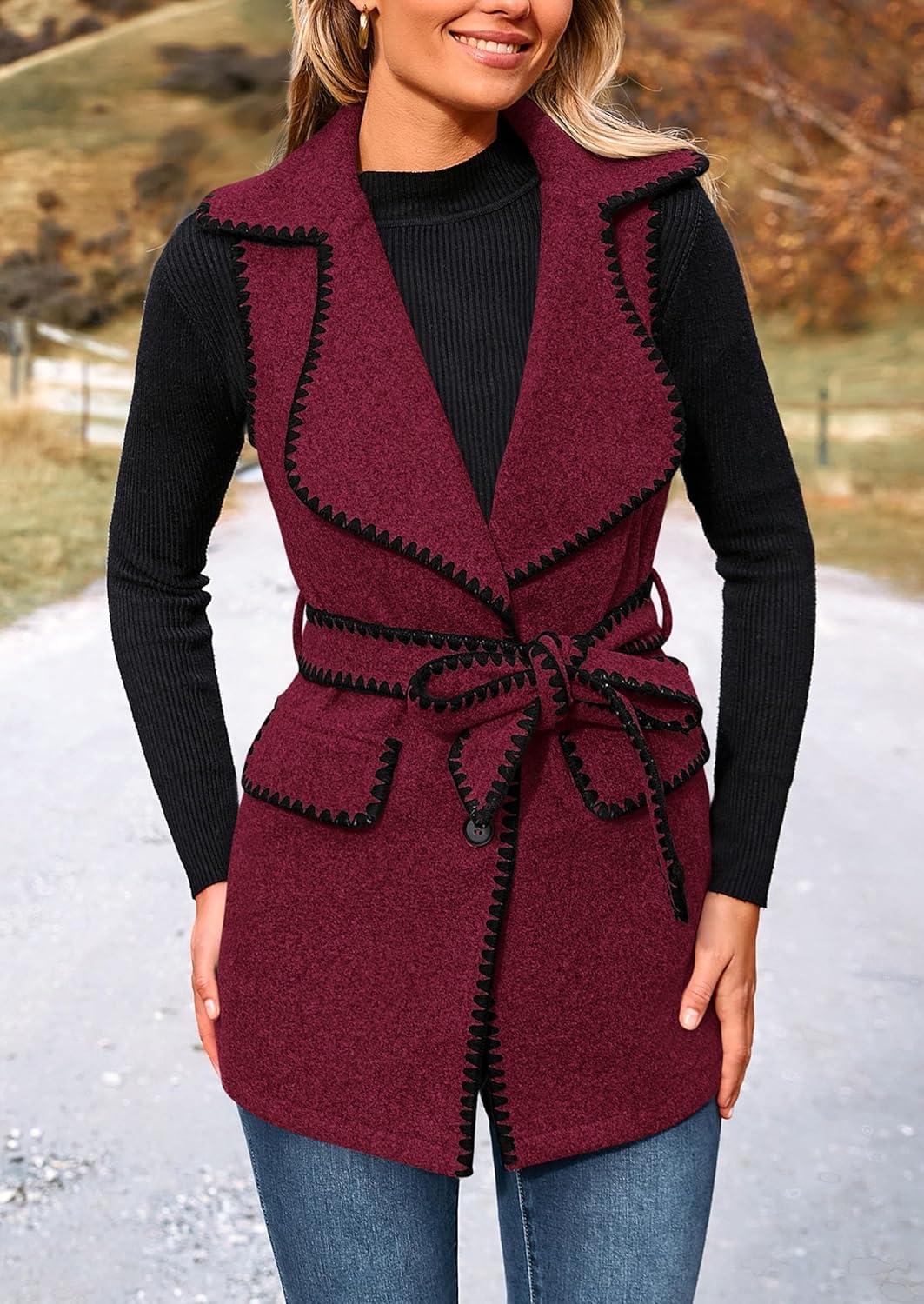 imagePRETTYGARDEN Womens 2025 Tweed Vest Jackets Sleeveless Lapel Button Front Belt Color Block Winter Cardigan Outerwear