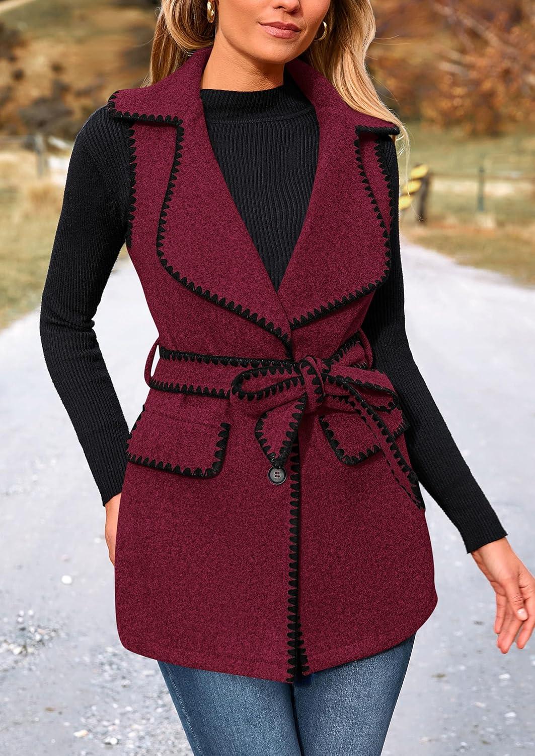 imagePRETTYGARDEN Womens 2025 Tweed Vest Jackets Sleeveless Lapel Button Front Belt Color Block Winter Cardigan Outerwear