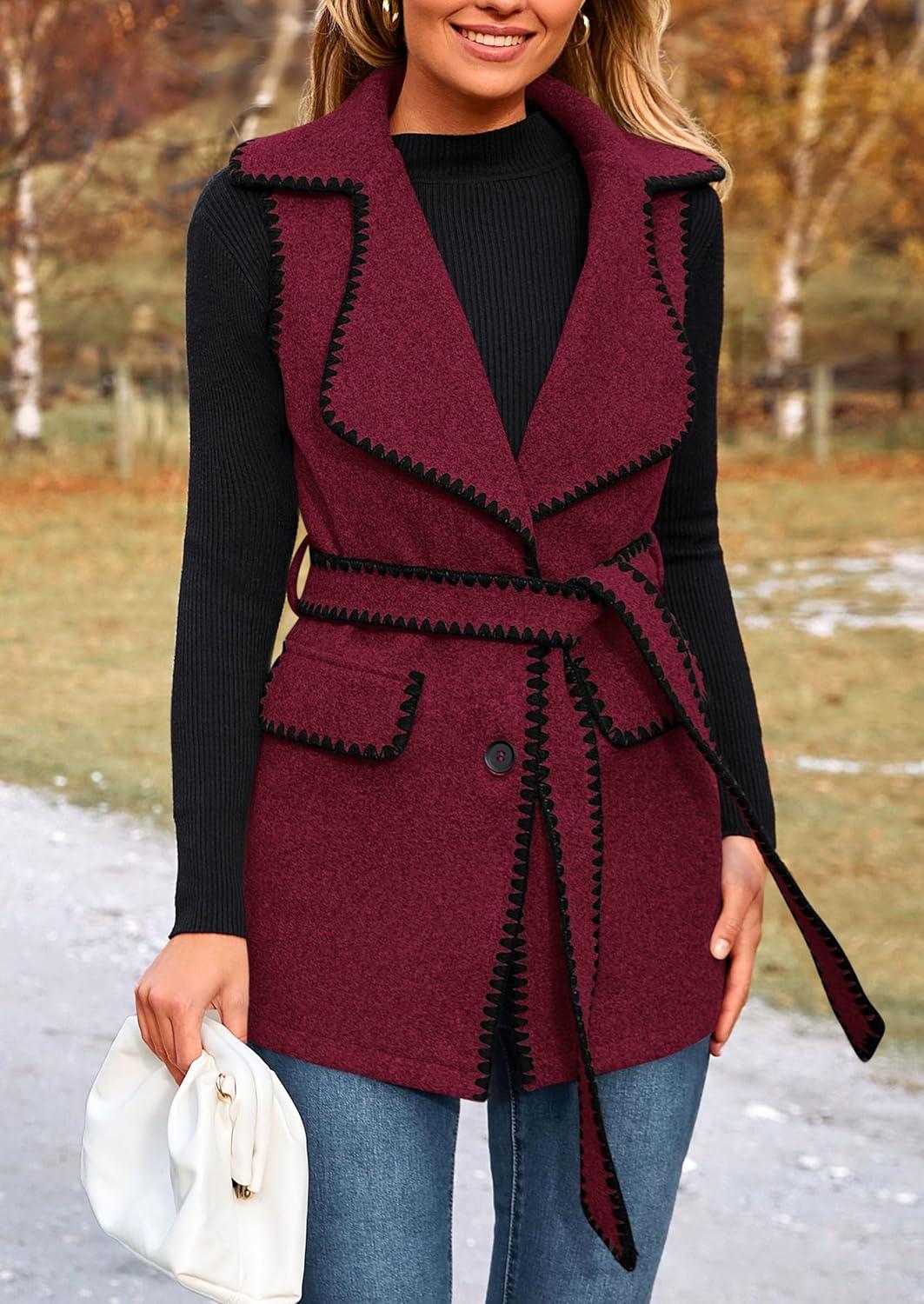 imagePRETTYGARDEN Womens 2025 Tweed Vest Jackets Sleeveless Lapel Button Front Belt Color Block Winter Cardigan Outerwear