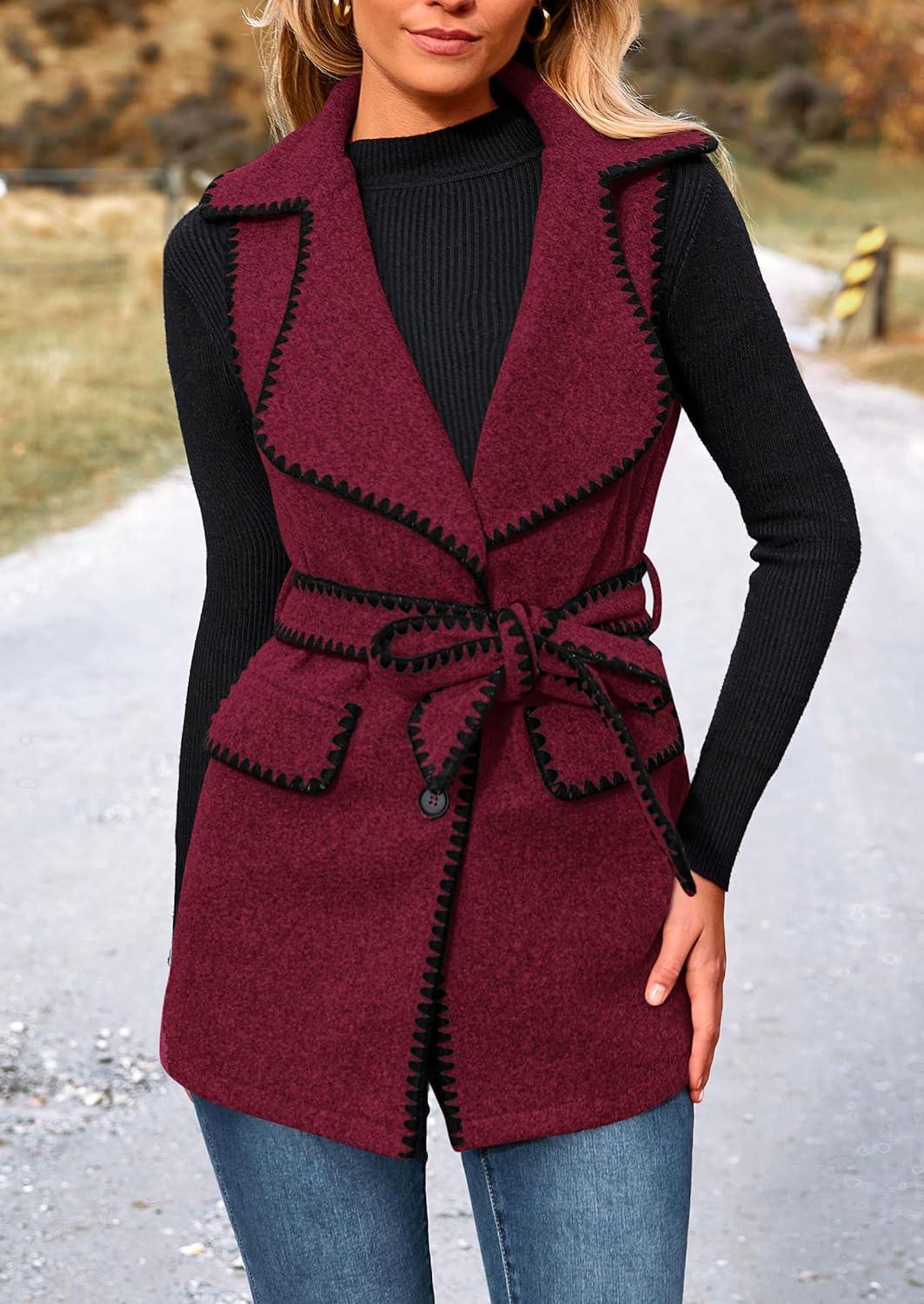 imagePRETTYGARDEN Womens 2025 Tweed Vest Jackets Sleeveless Lapel Button Front Belt Color Block Winter Cardigan Outerwear