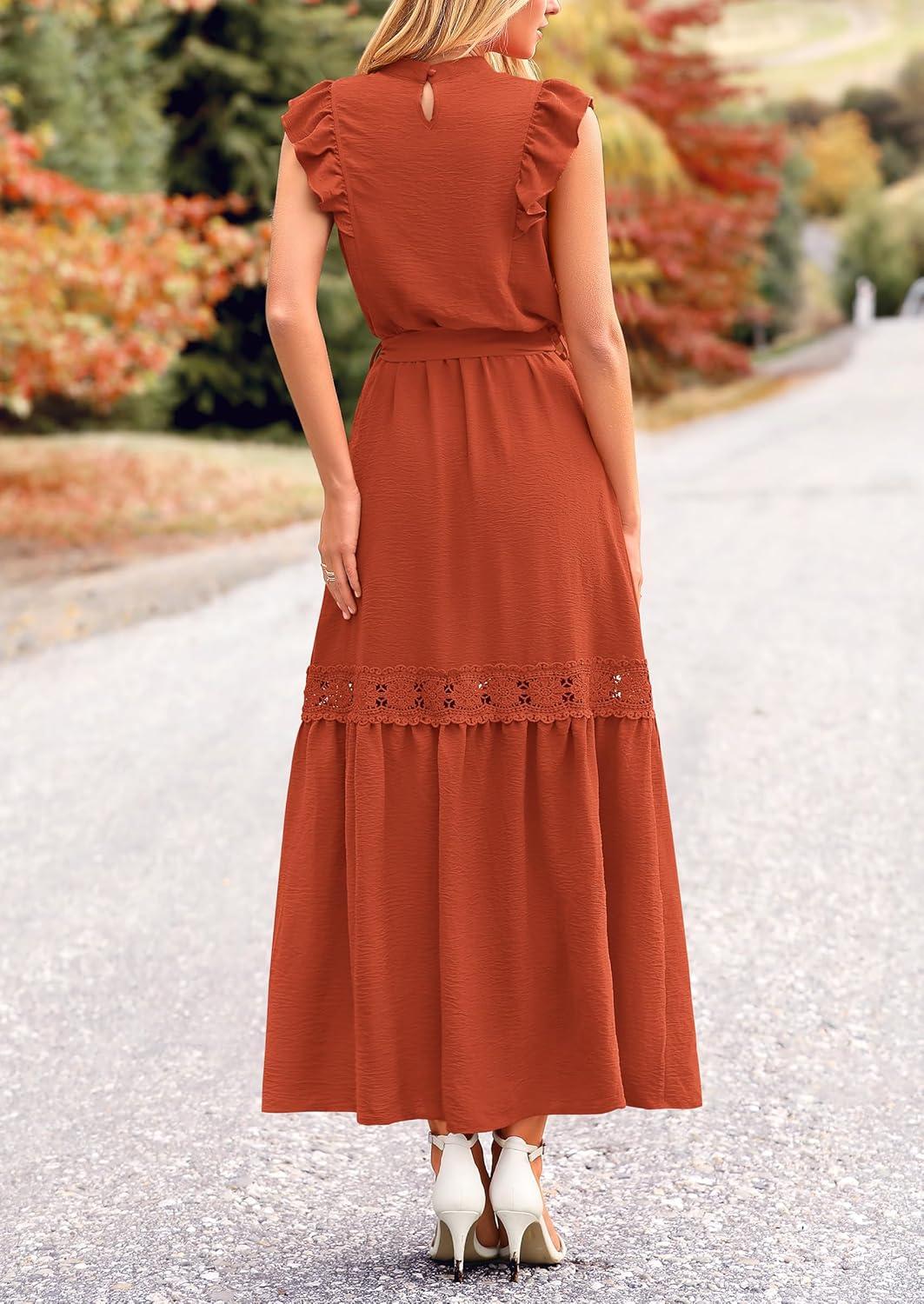 imagePRETTYGARDEN Womens Boho Maxi Dress Summer Sleeveless Belted Ruffled Swing A Line Party Dresses Brick RedMedium