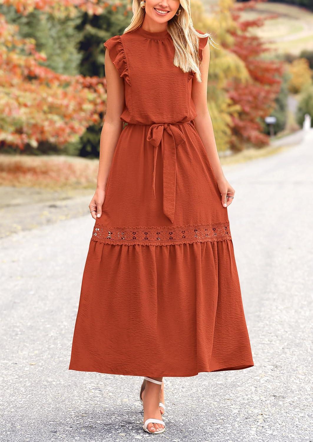 imagePRETTYGARDEN Womens Boho Maxi Dress Summer Sleeveless Belted Ruffled Swing A Line Party Dresses Brick RedMedium