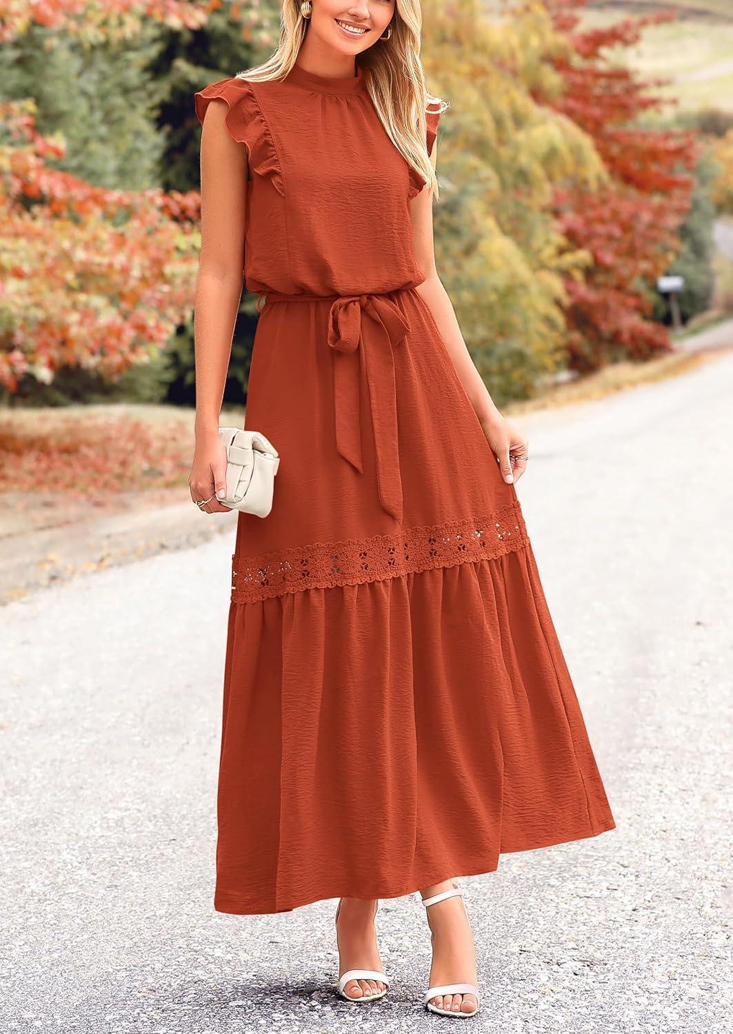 imagePRETTYGARDEN Womens Boho Maxi Dress Summer Sleeveless Belted Ruffled Swing A Line Party Dresses Brick RedMedium
