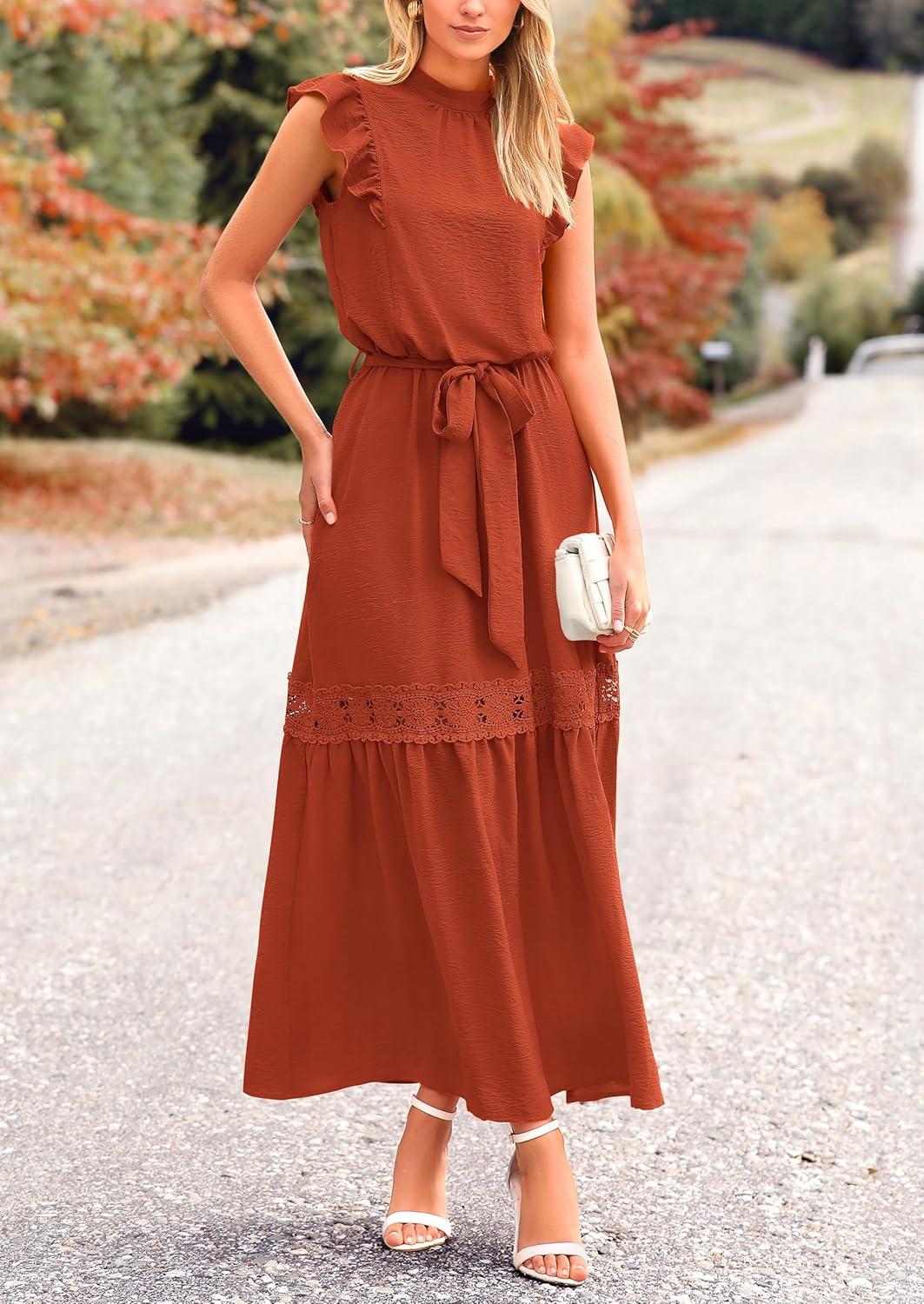 imagePRETTYGARDEN Womens Boho Maxi Dress Summer Sleeveless Belted Ruffled Swing A Line Party Dresses Brick RedMedium