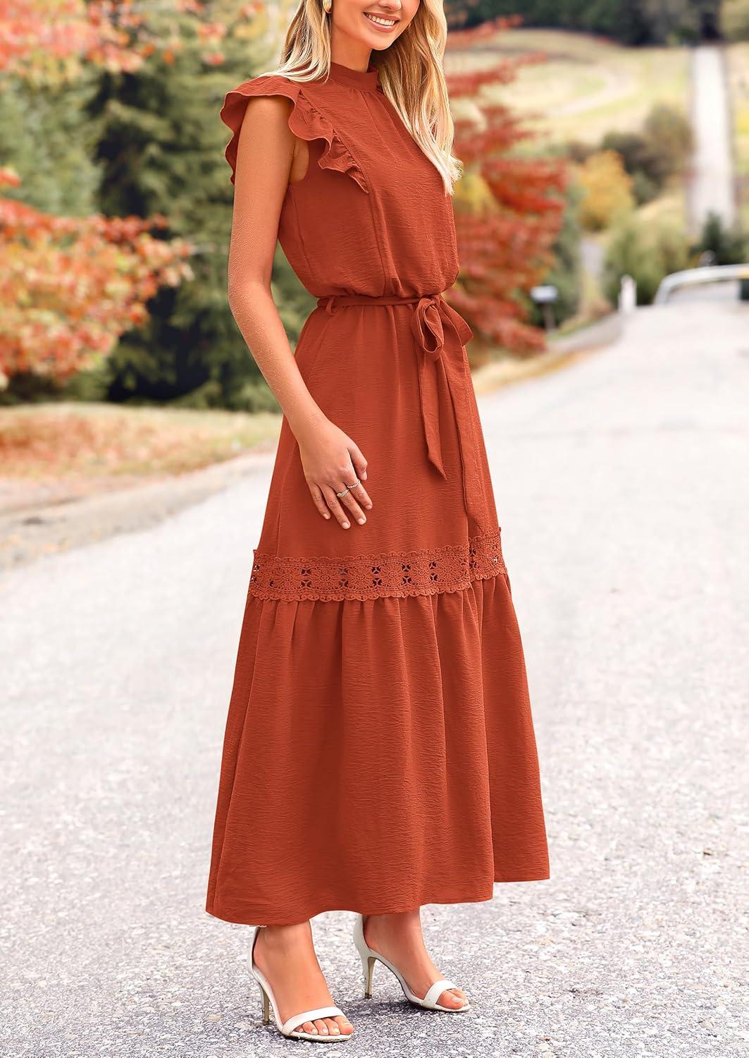 imagePRETTYGARDEN Womens Boho Maxi Dress Summer Sleeveless Belted Ruffled Swing A Line Party Dresses Brick RedMedium