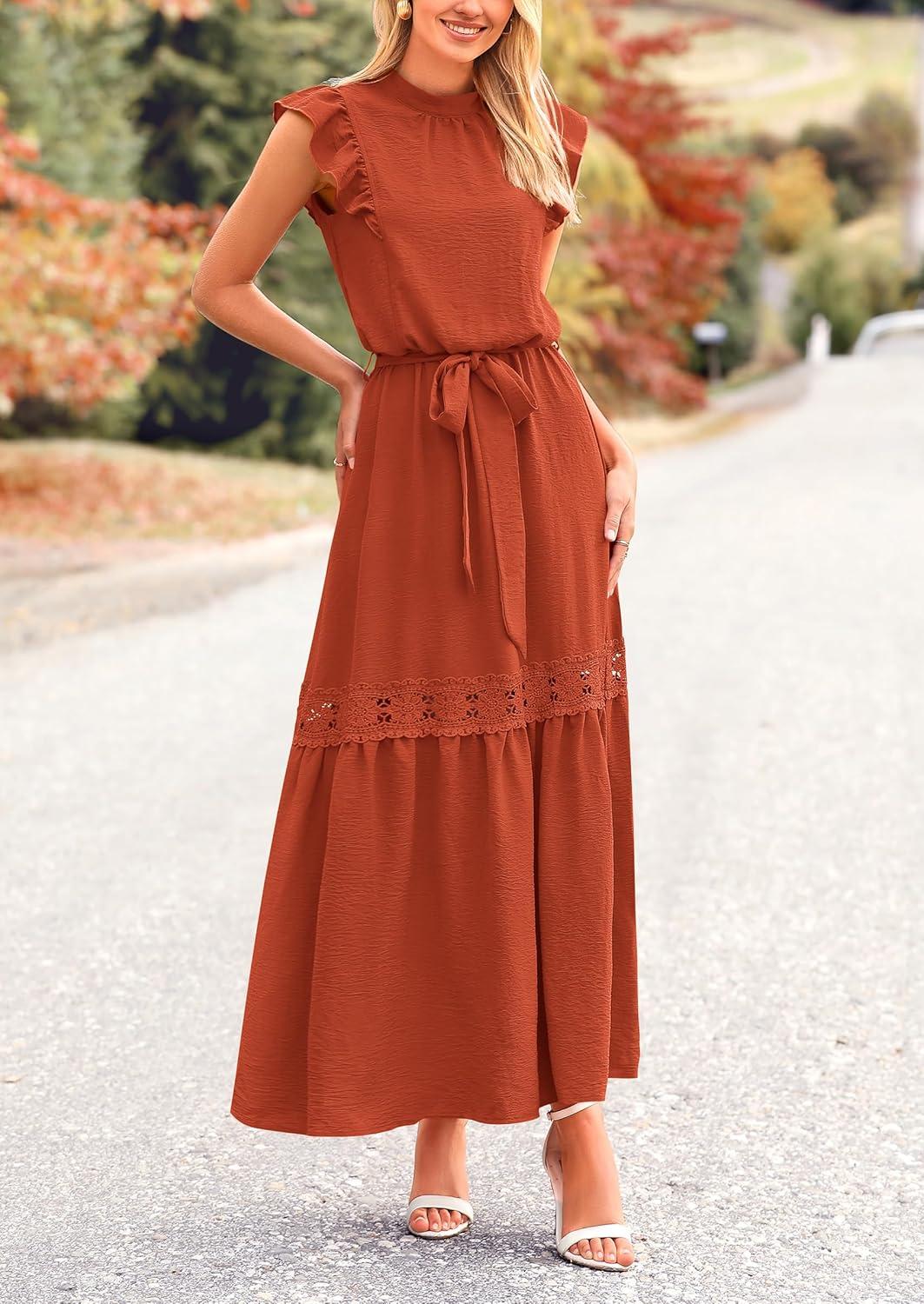 imagePRETTYGARDEN Womens Boho Maxi Dress Summer Sleeveless Belted Ruffled Swing A Line Party Dresses Brick RedMedium