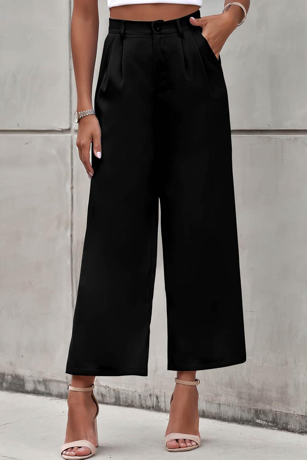 imagePRETTYGARDEN Womens Casual Summer Work Pants High Waisted Palazzo Pant Flowy Wide Leg Trousers with Pockets BlackLarge