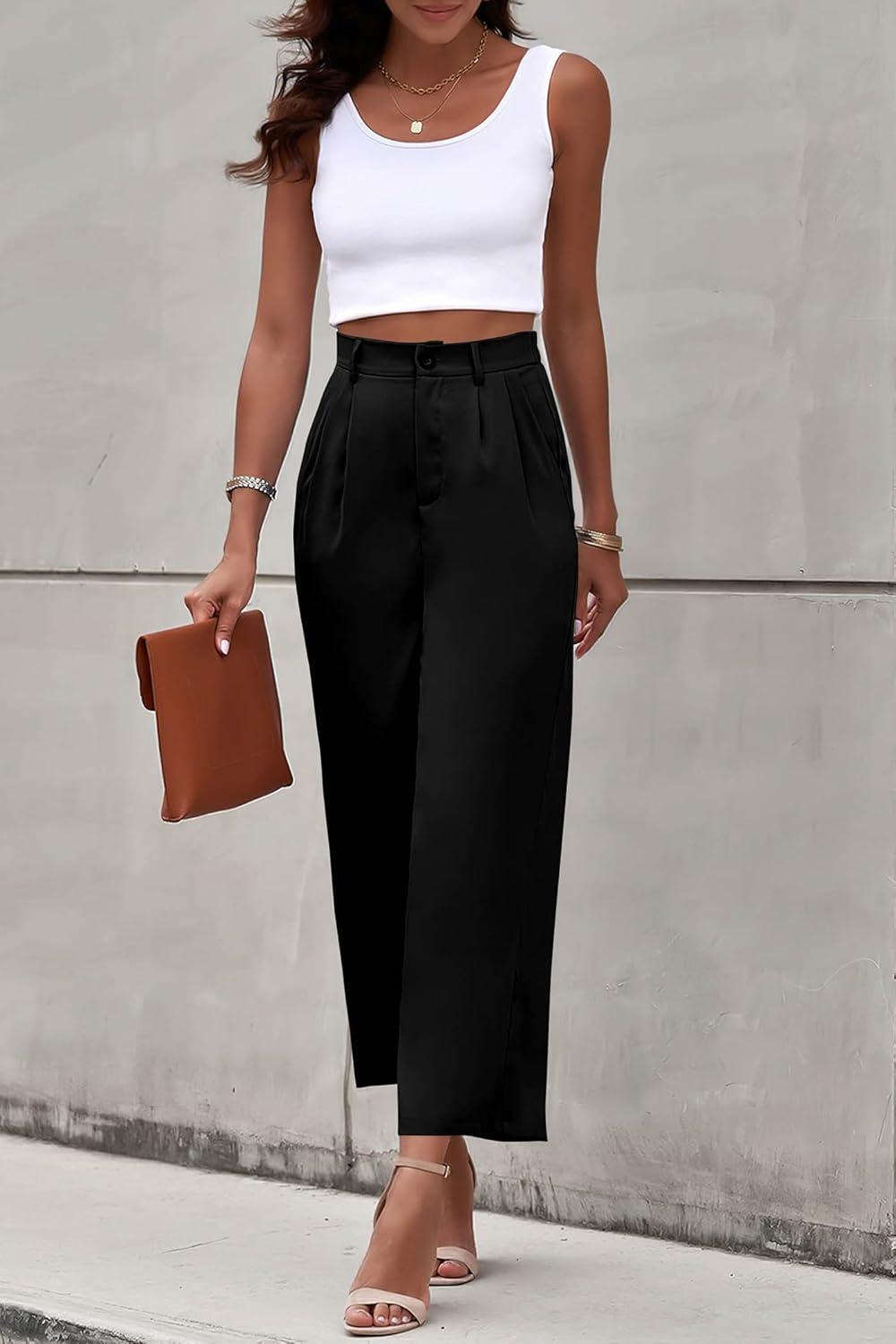 imagePRETTYGARDEN Womens Casual Summer Work Pants High Waisted Palazzo Pant Flowy Wide Leg Trousers with Pockets BlackLarge