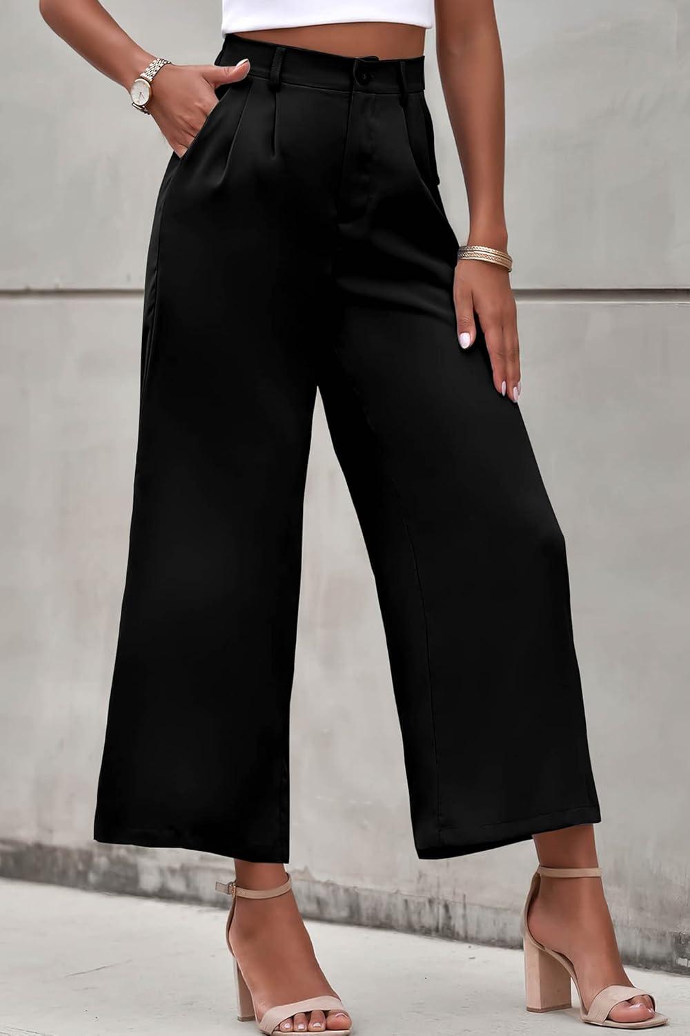 imagePRETTYGARDEN Womens Casual Summer Work Pants High Waisted Palazzo Pant Flowy Wide Leg Trousers with Pockets BlackLarge
