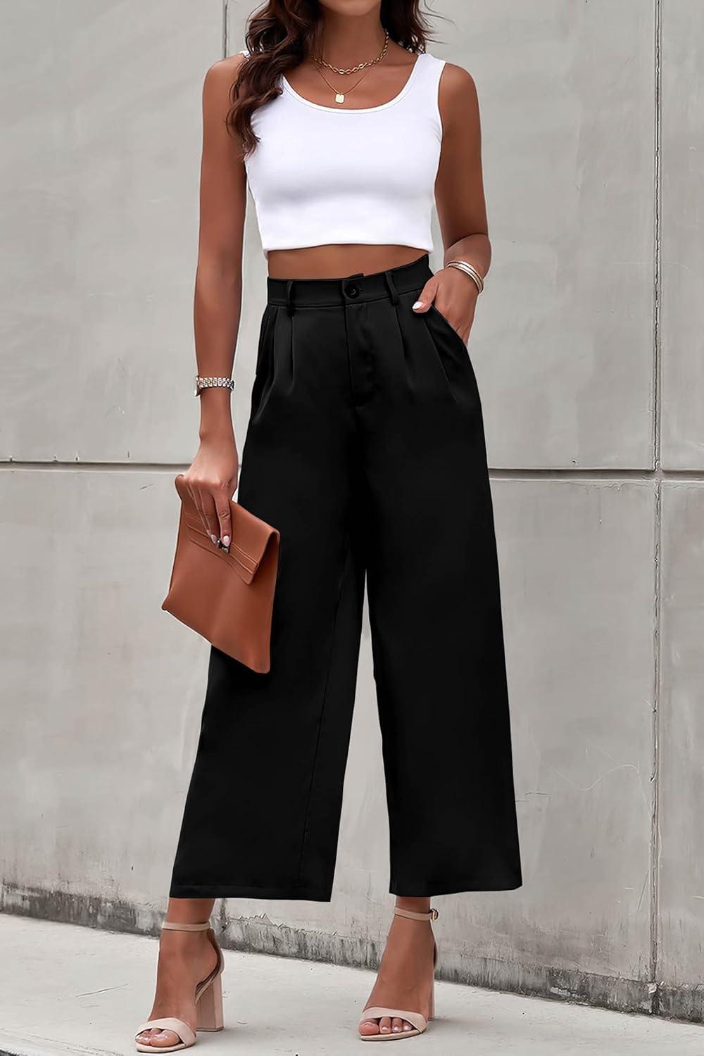 imagePRETTYGARDEN Womens Casual Summer Work Pants High Waisted Palazzo Pant Flowy Wide Leg Trousers with Pockets BlackLarge