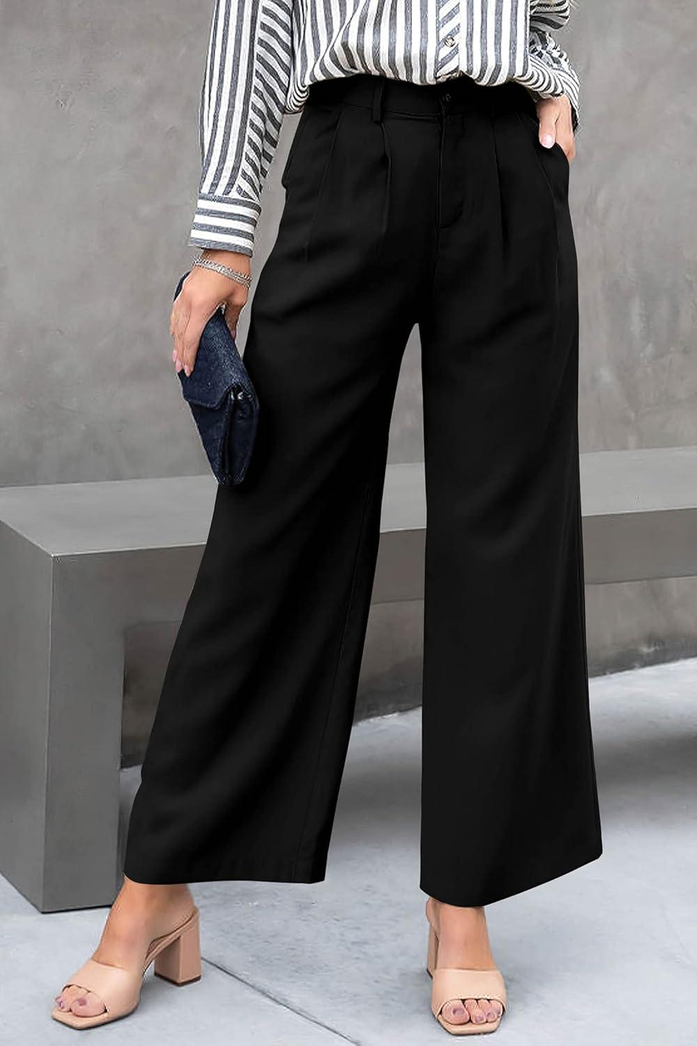imagePRETTYGARDEN Womens Casual Summer Work Pants High Waisted Palazzo Pant Flowy Wide Leg Trousers with Pockets BlackLarge