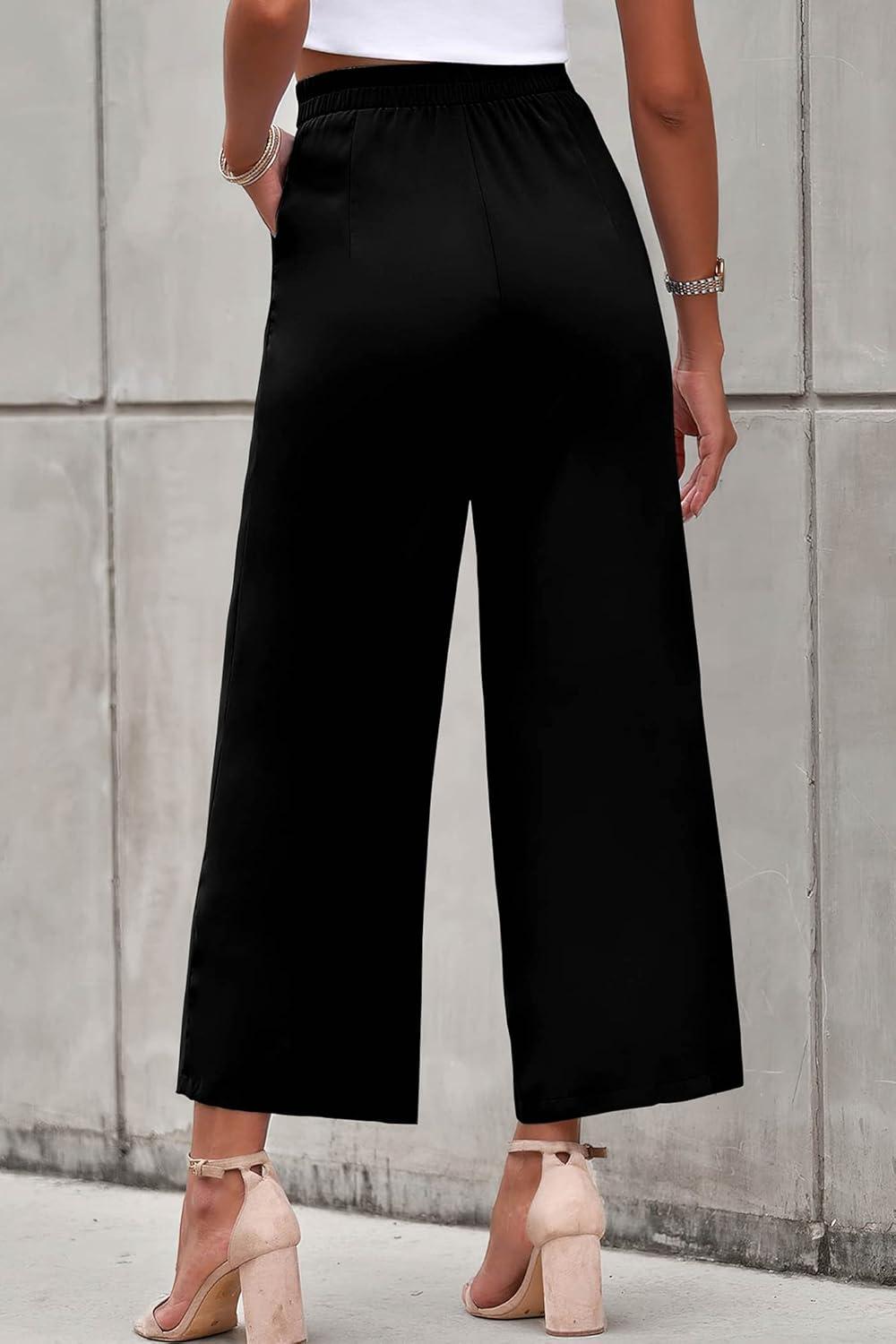 imagePRETTYGARDEN Womens Casual Summer Work Pants High Waisted Palazzo Pant Flowy Wide Leg Trousers with Pockets BlackLarge