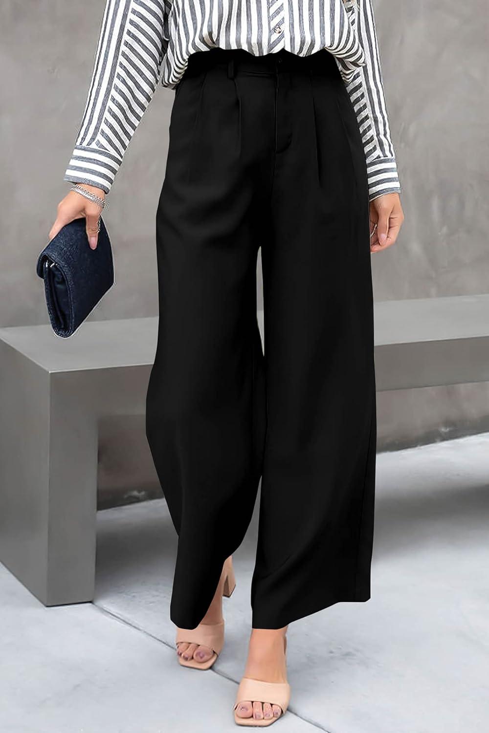 imagePRETTYGARDEN Womens Casual Summer Work Pants High Waisted Palazzo Pant Flowy Wide Leg Trousers with Pockets BlackLarge