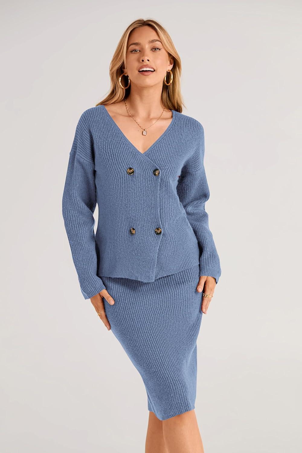 imagePRETTYGARDEN Womens Fall Clothes 2 Piece Sweater Outfits V Neck Button Down Cardigan Bodycon Skirt Set