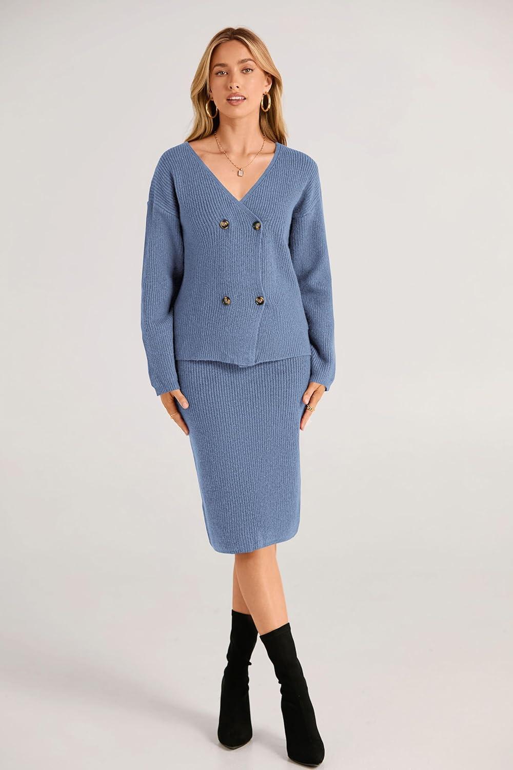 imagePRETTYGARDEN Womens Fall Clothes 2 Piece Sweater Outfits V Neck Button Down Cardigan Bodycon Skirt Set