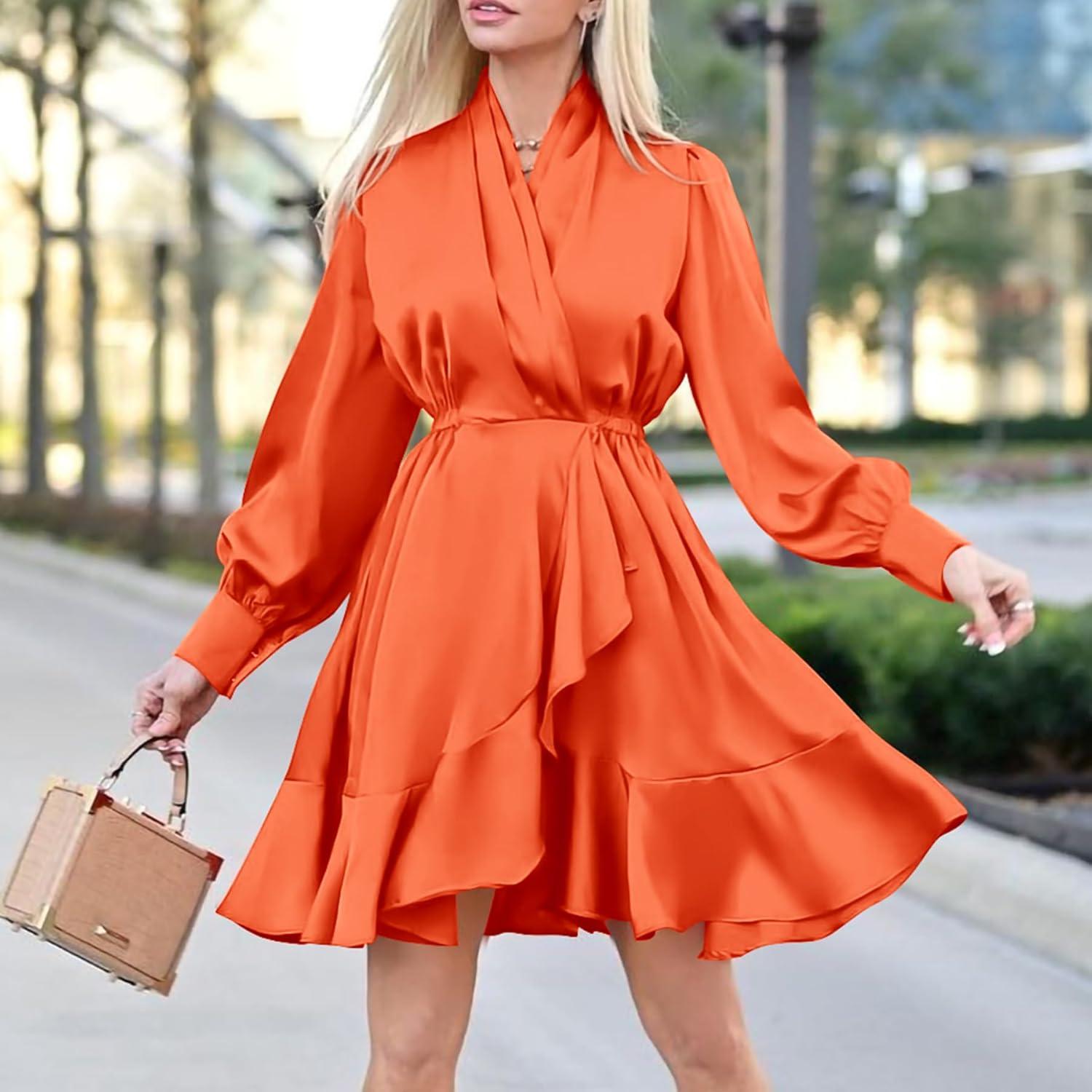 imagePRETTYGARDEN Womens Fall Long Puff Sleeve Satin Dress V Neck Ruffle A Line Short Flowy Dresses OrangeLarge