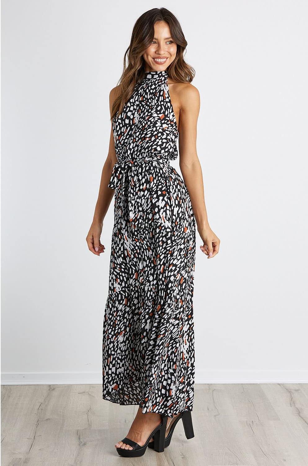 imagePRETTYGARDEN Womens Halter Neck Floral Long Maxi Dress Casual Sleeveless Backless Dresses Loose Ruffle Sundress with BeltBlack Leopard